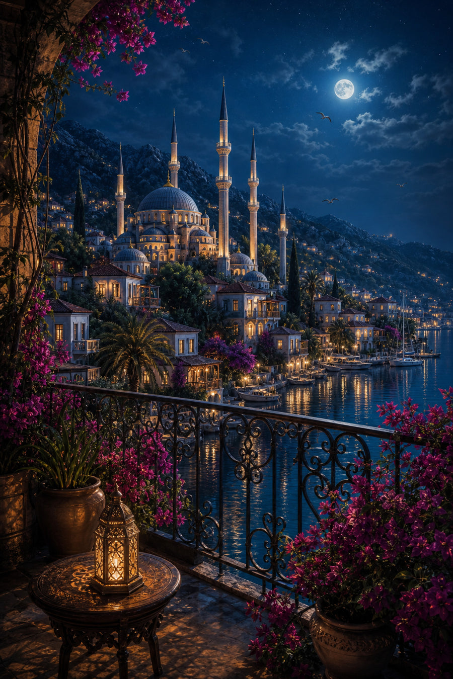 Bodrum Moonlit Balcony Marina poster print preview by Seji Art