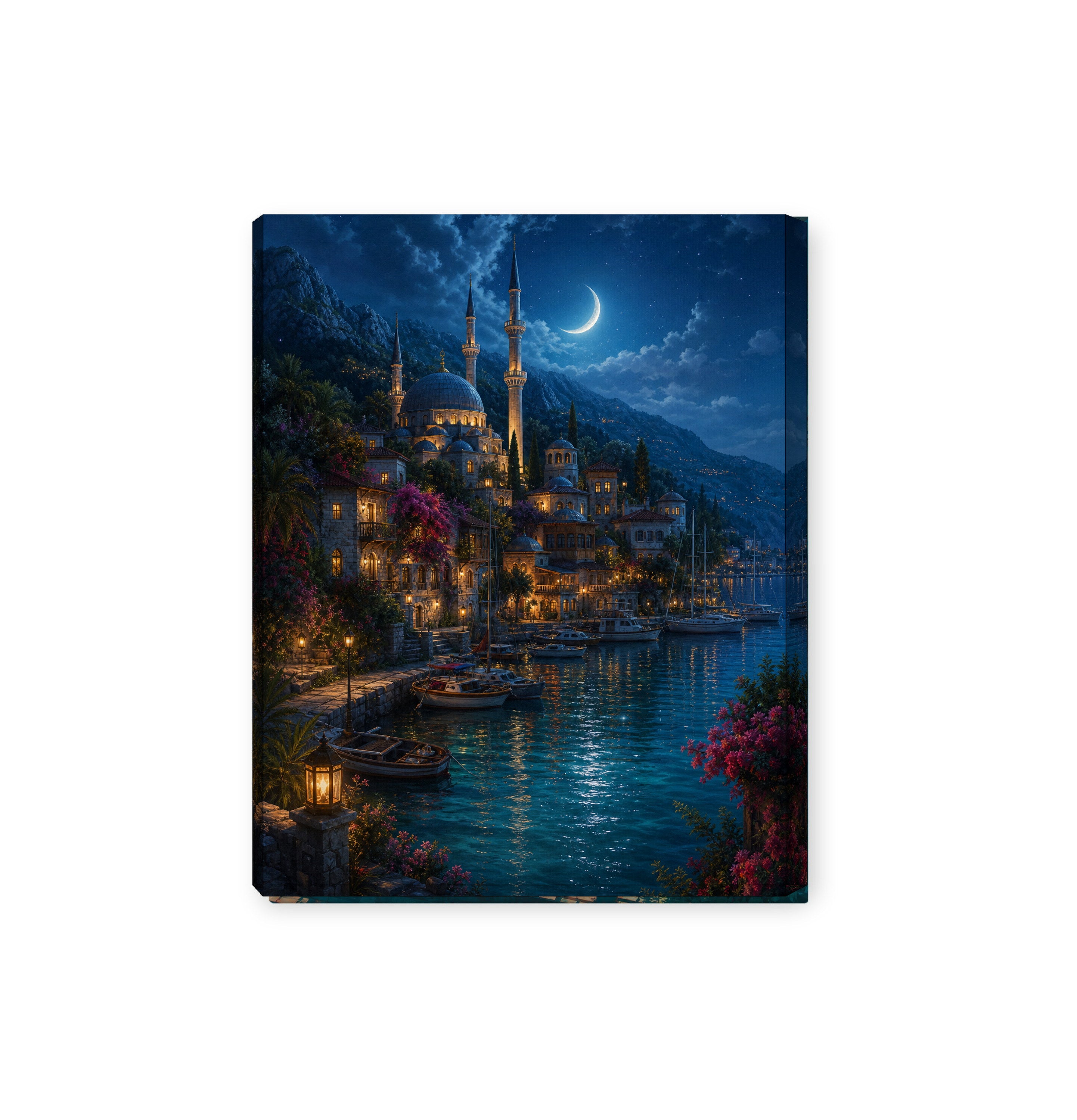 Bodrum Moonlit Marina Minaret canvas wall art preview by Seji Art