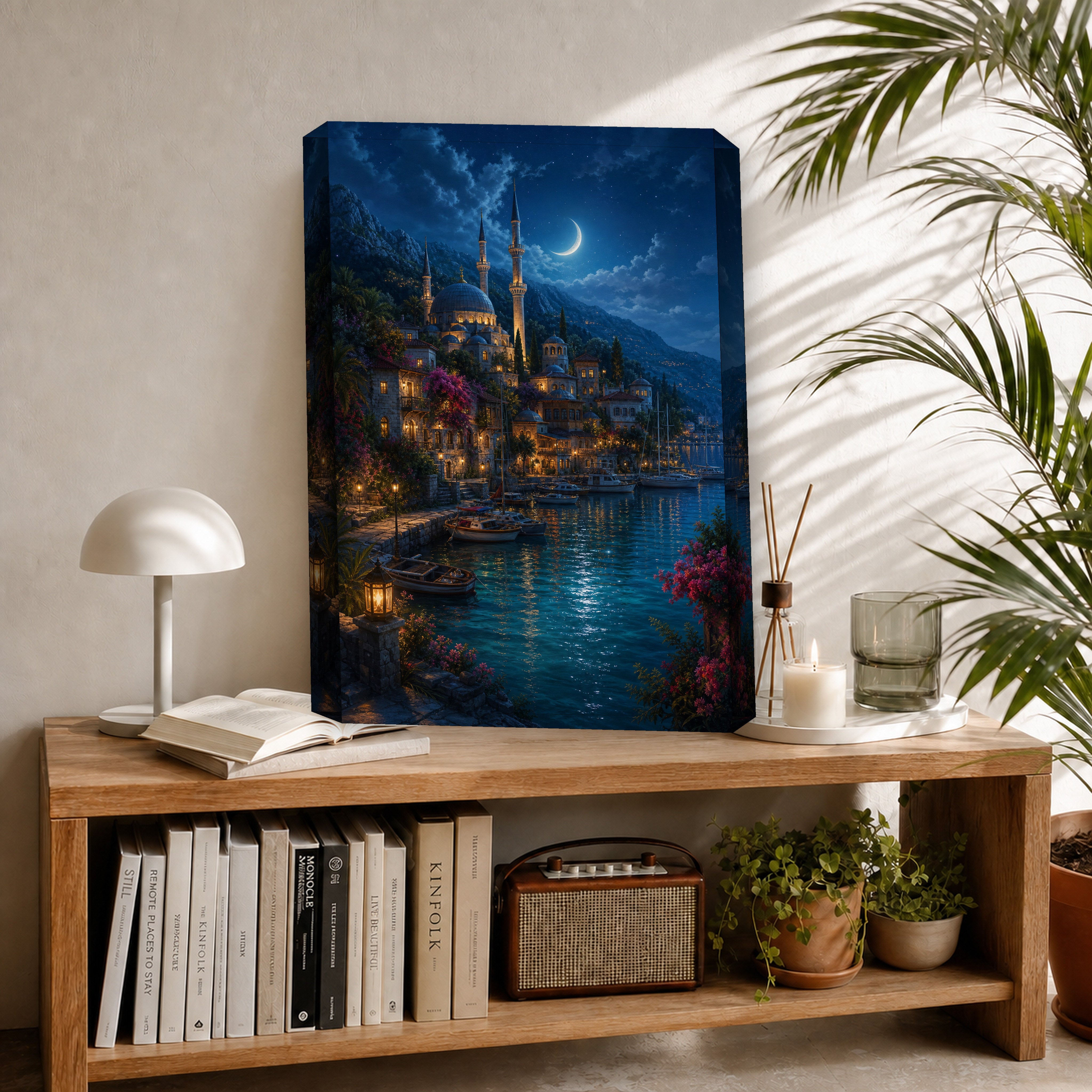 Bodrum Moonlit Marina Minaret canvas room mockup by Seji Art