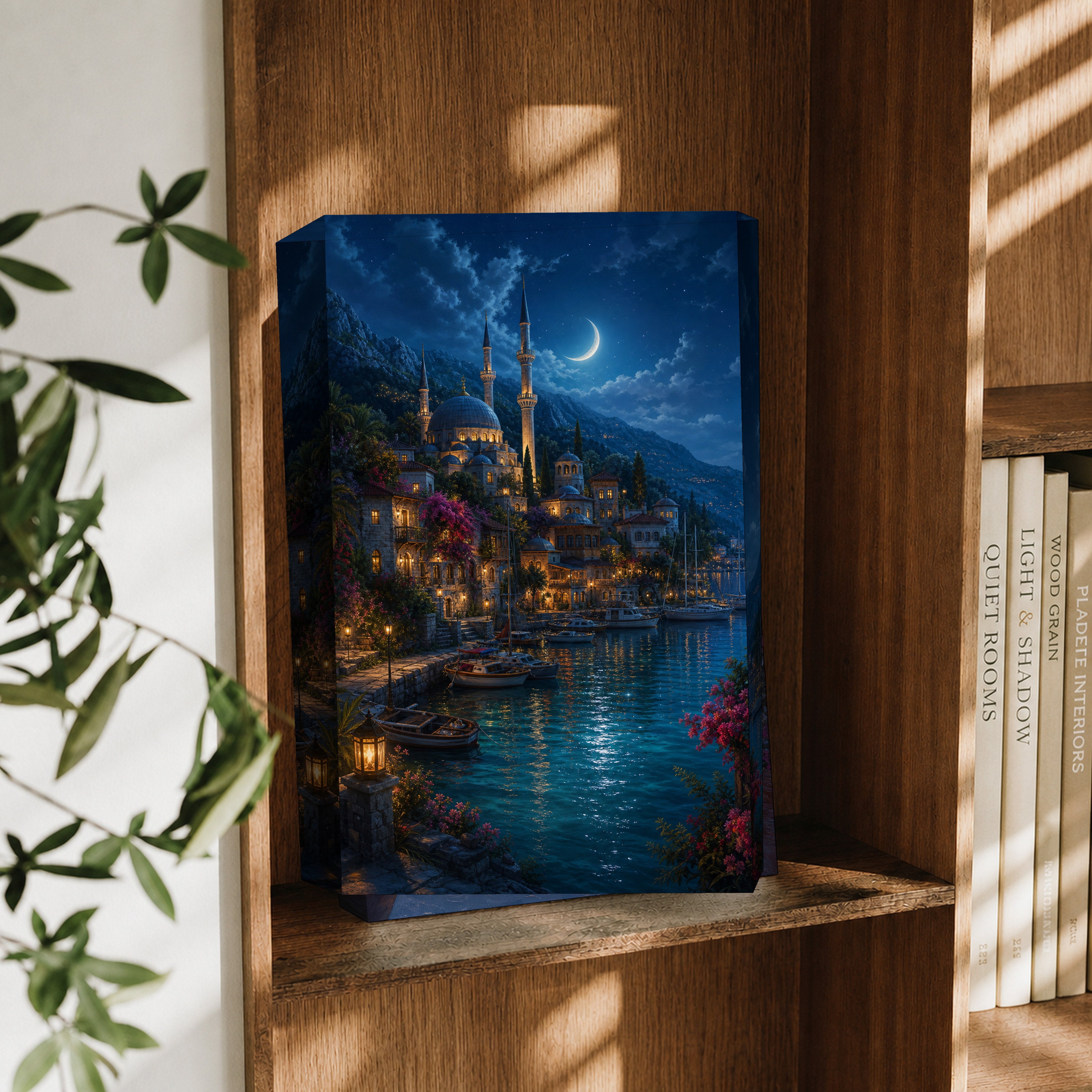 Bodrum Moonlit Marina Minaret canvas wall art decor mockup by Seji Art