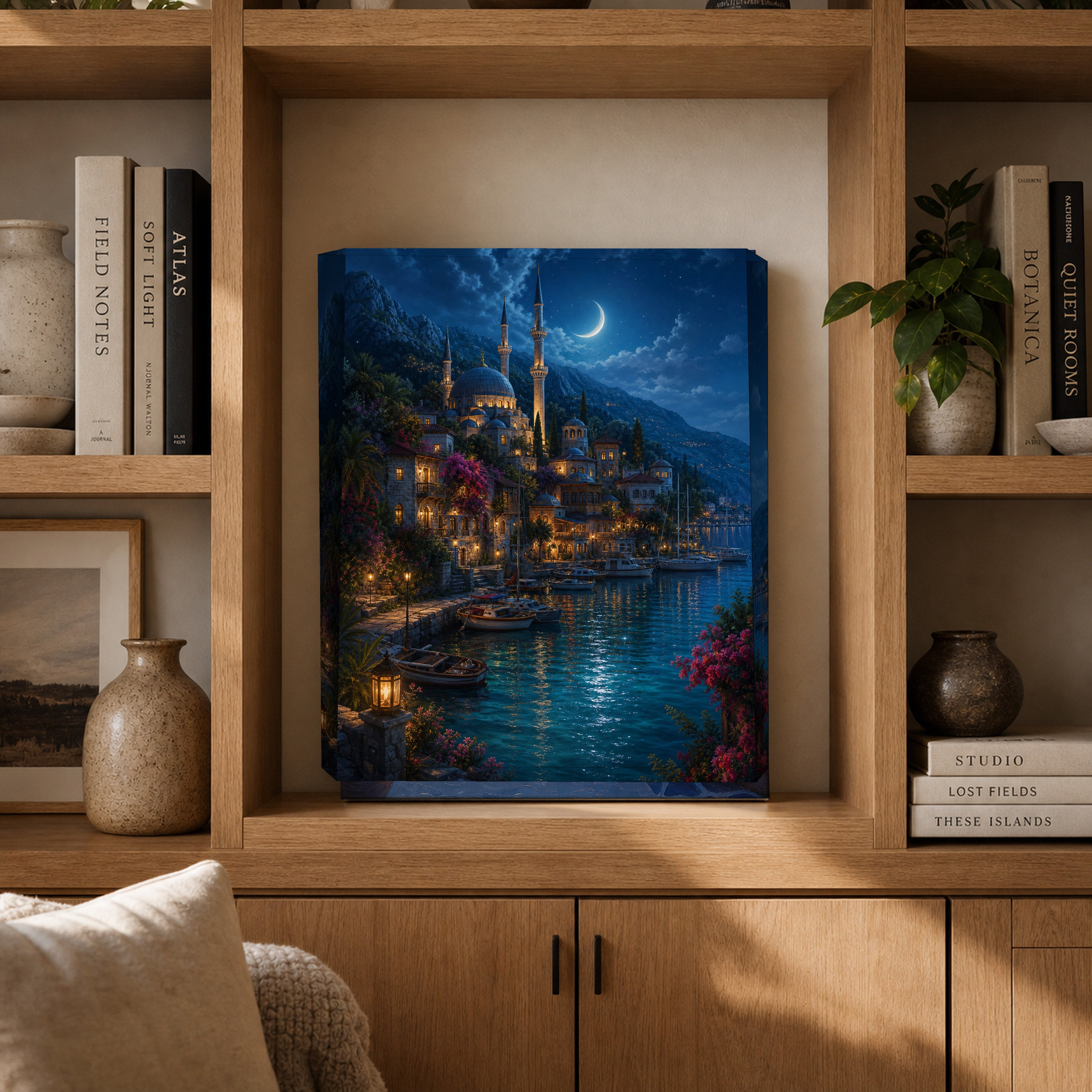 Bodrum Moonlit Marina Minaret canvas gallery shelf mockup by Seji Art