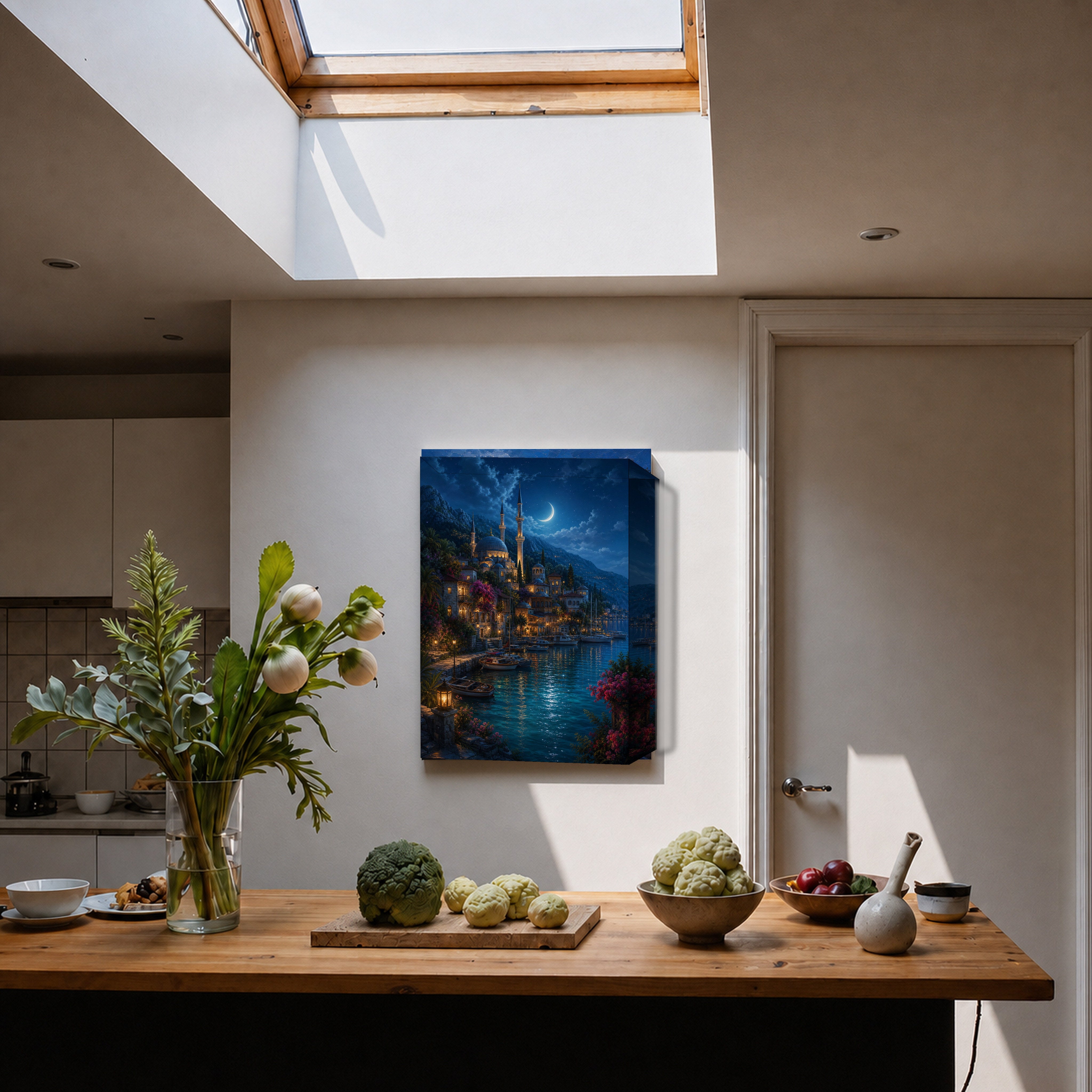 Bodrum Moonlit Marina Minaret canvas home decor mockup by Seji Art