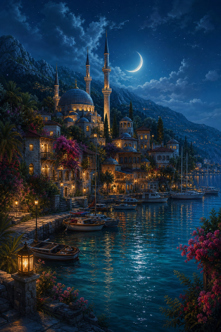 Bodrum Moonlit Marina Minaret poster print preview by Seji Art