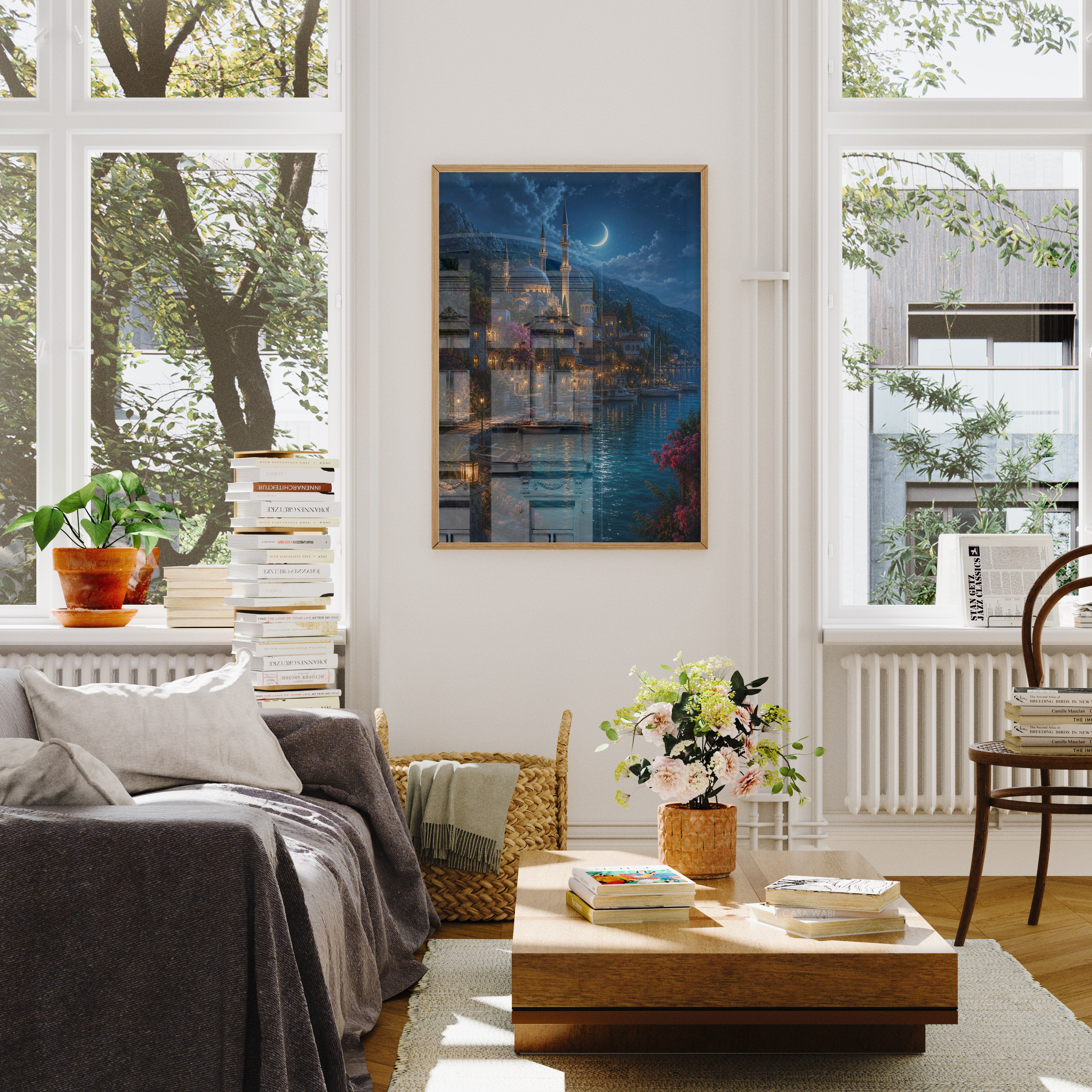Bodrum Moonlit Marina Minaret poster wall art mockup by Seji Art