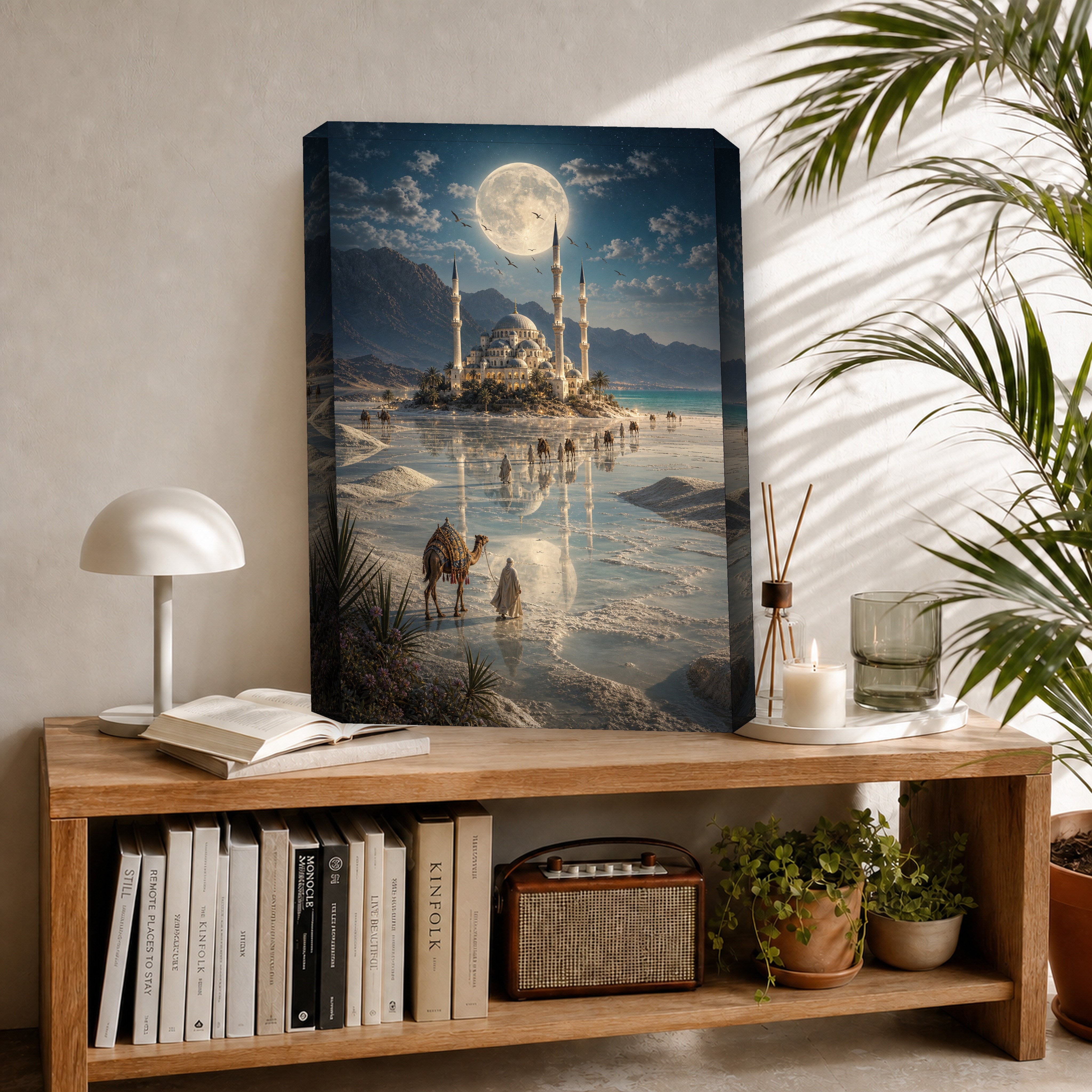 Bodrum Moonlit White Sands Mosque canvas room mockup by Seji Art