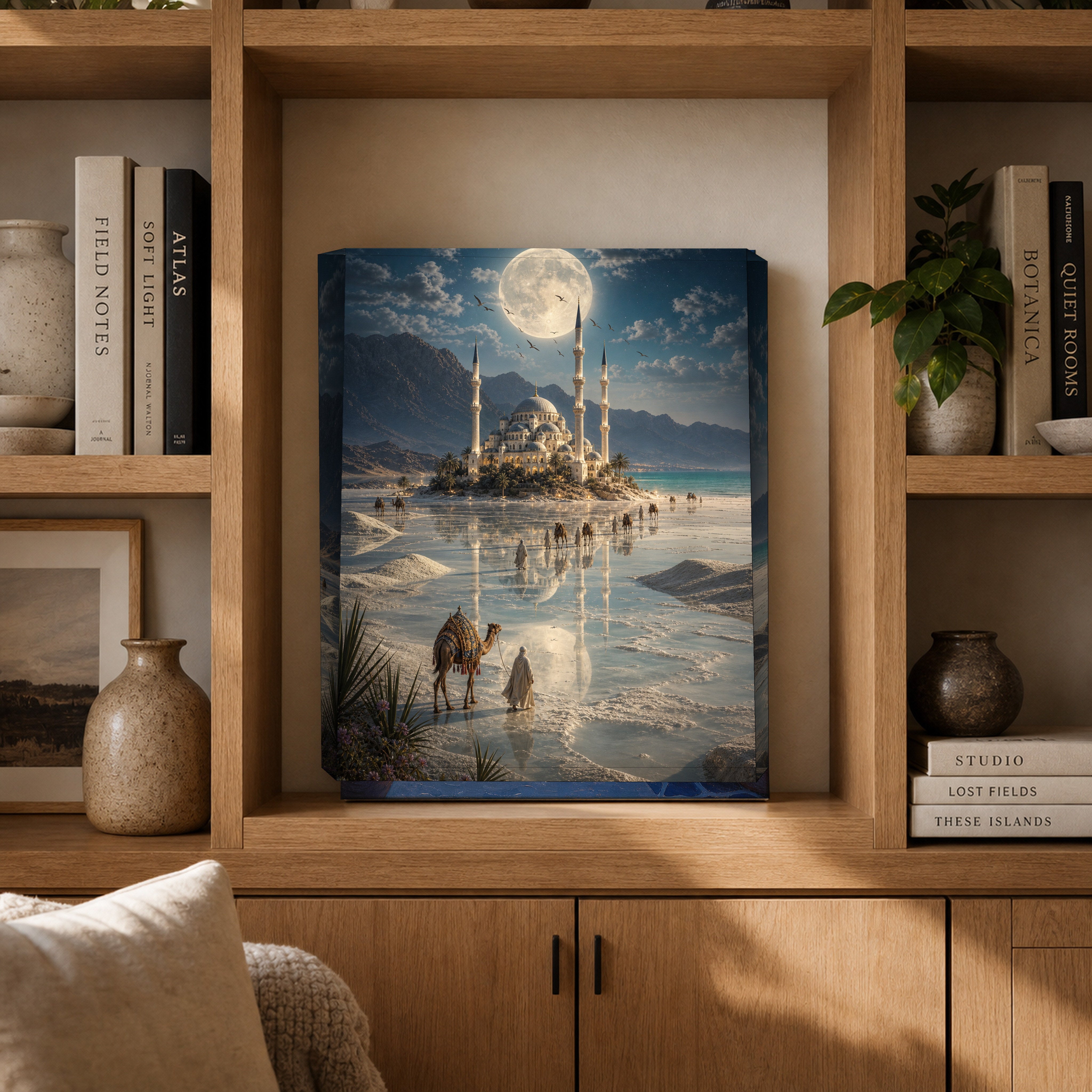 Bodrum Moonlit White Sands Mosque canvas gallery shelf mockup by Seji Art