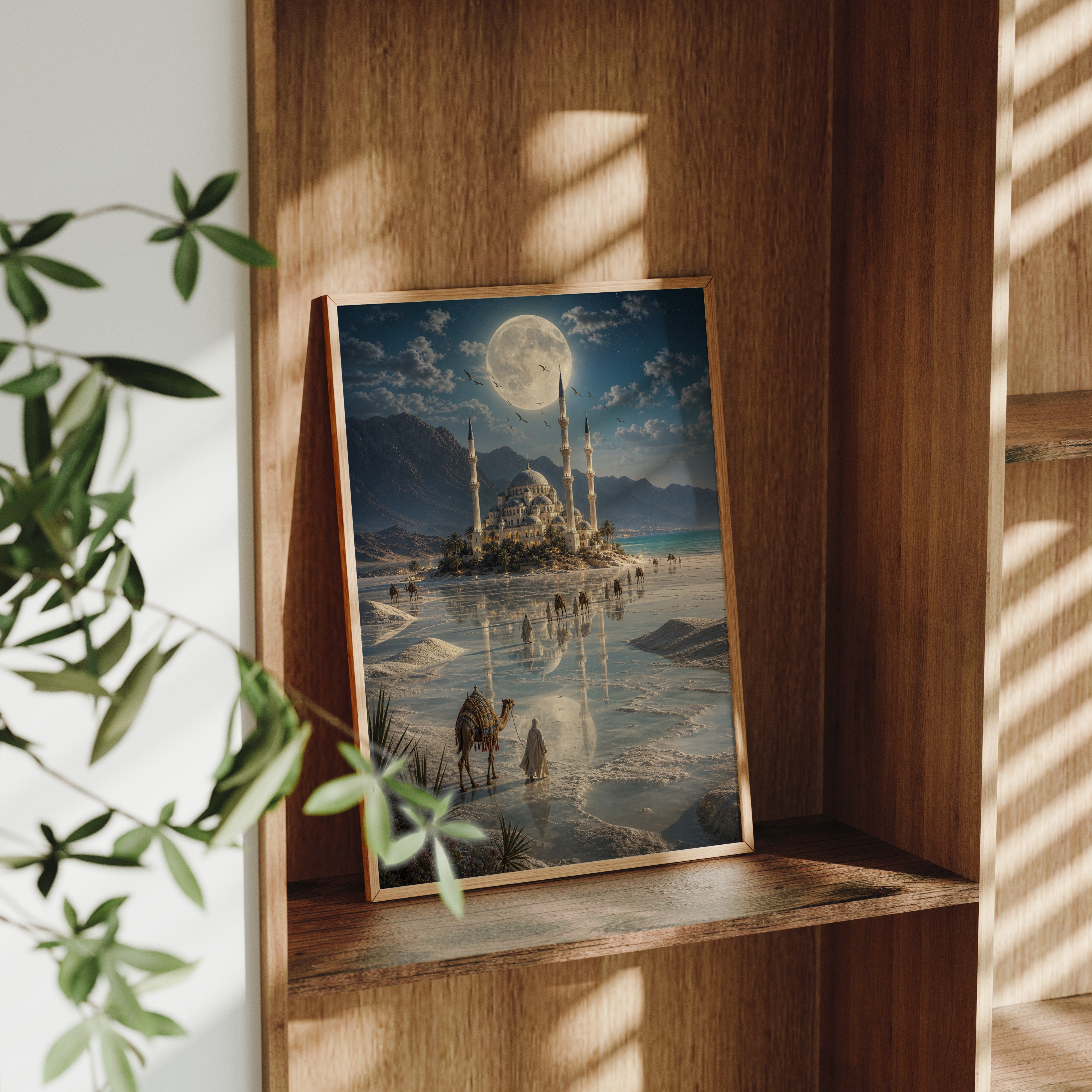 Bodrum Moonlit White Sands Mosque poster framed room mockup by Seji Art