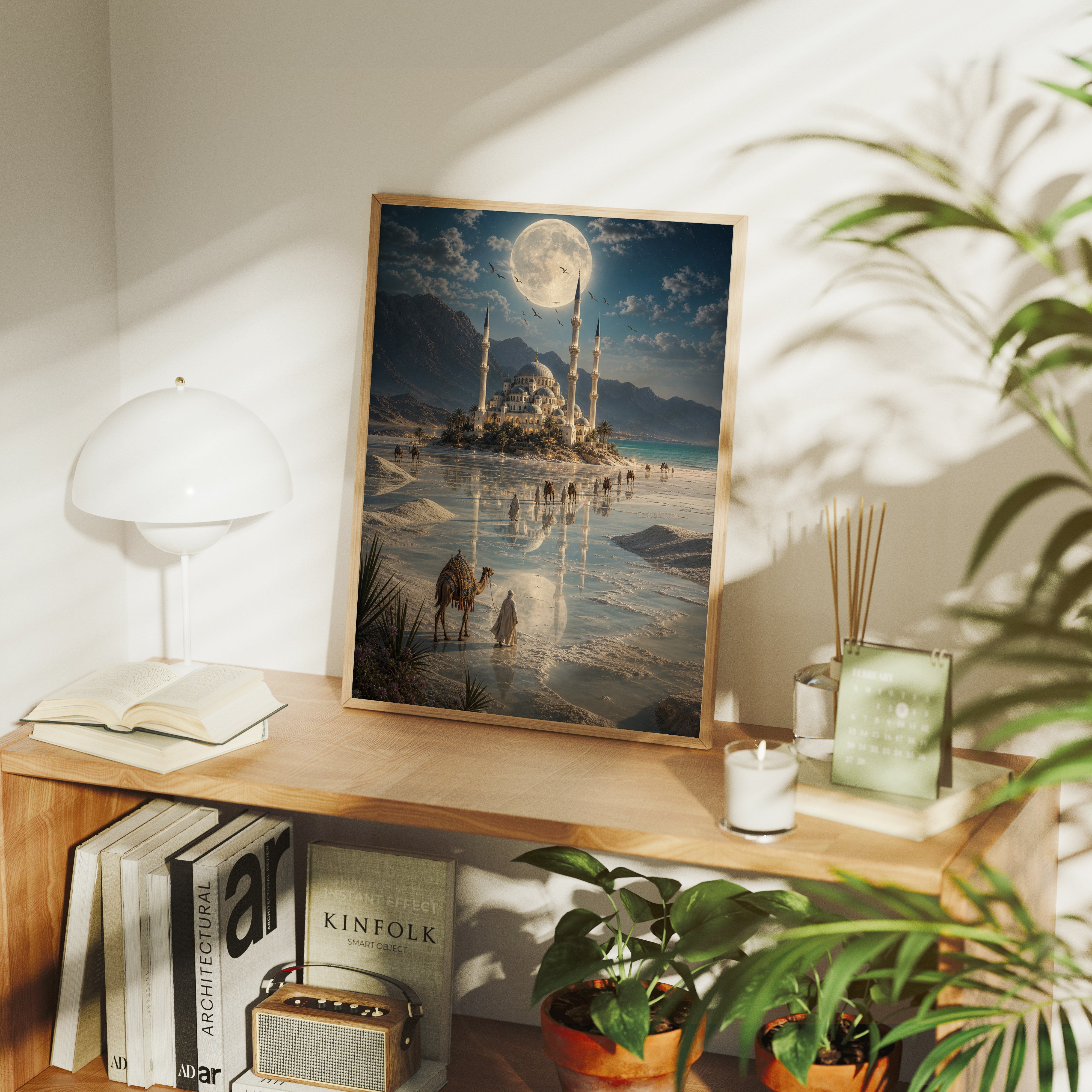 Bodrum Moonlit White Sands Mosque poster gallery shelf mockup by Seji Art
