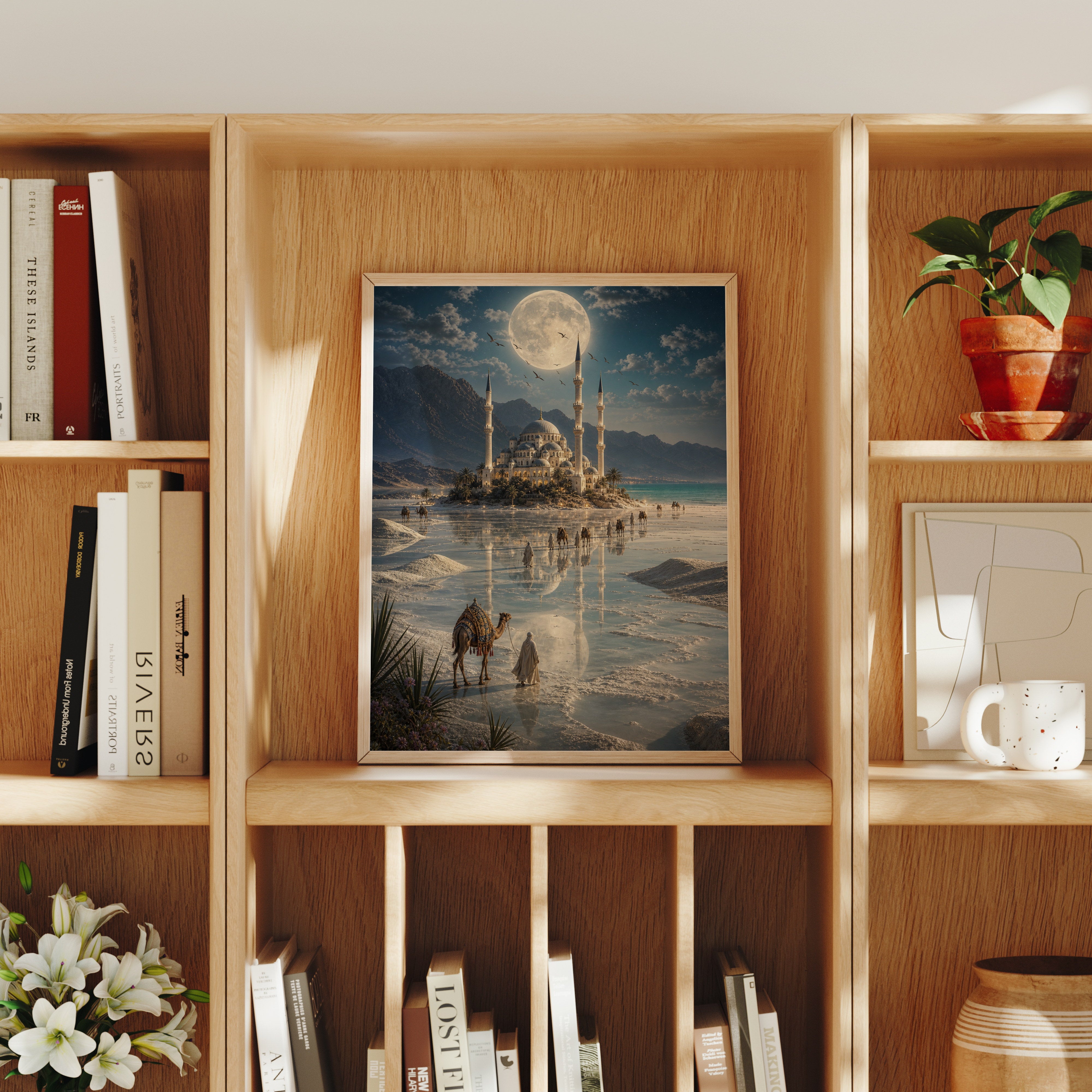Bodrum Moonlit White Sands Mosque poster home decor mockup by Seji Art