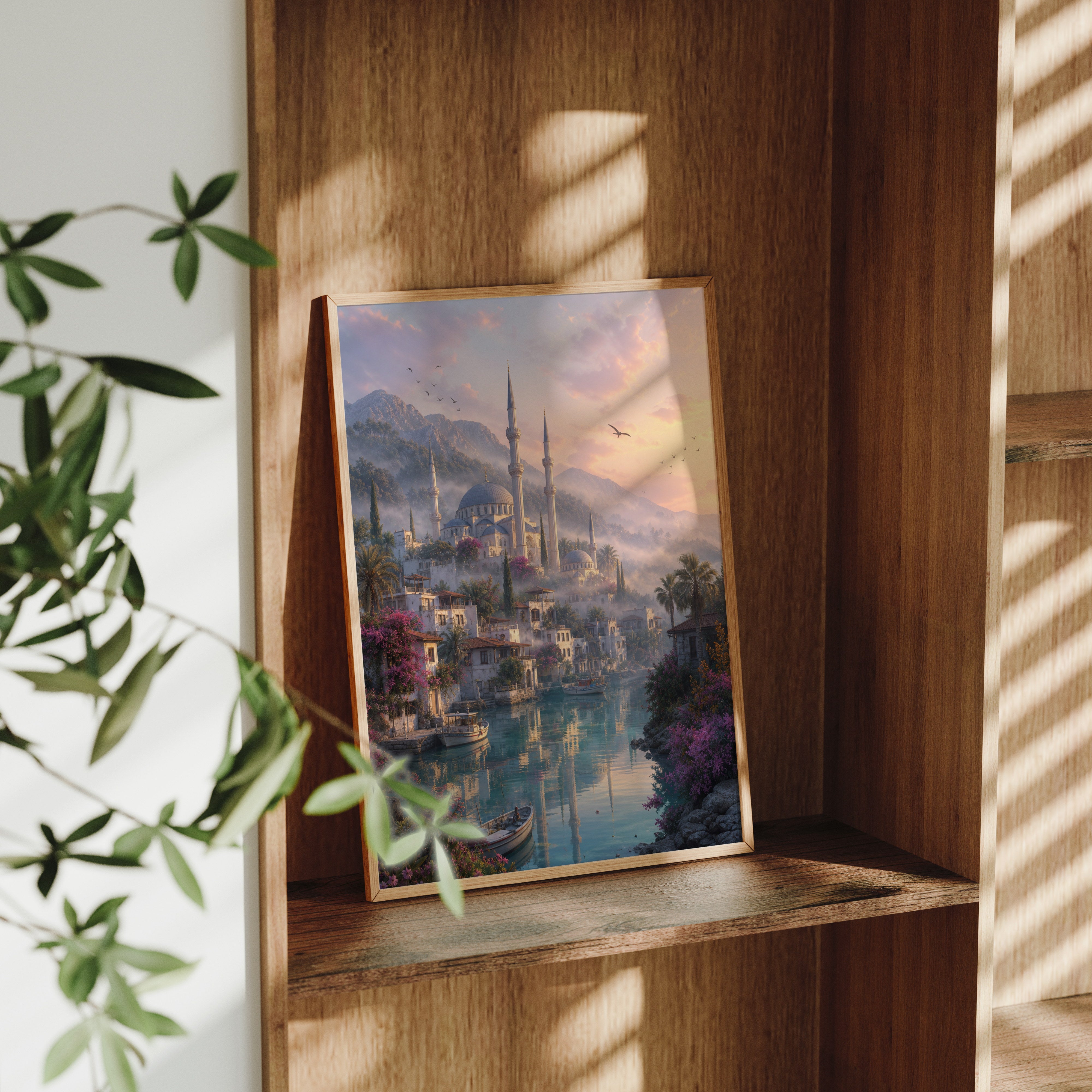 Bodrum Pastel Lagoon Mosque poster framed room mockup by Seji Art