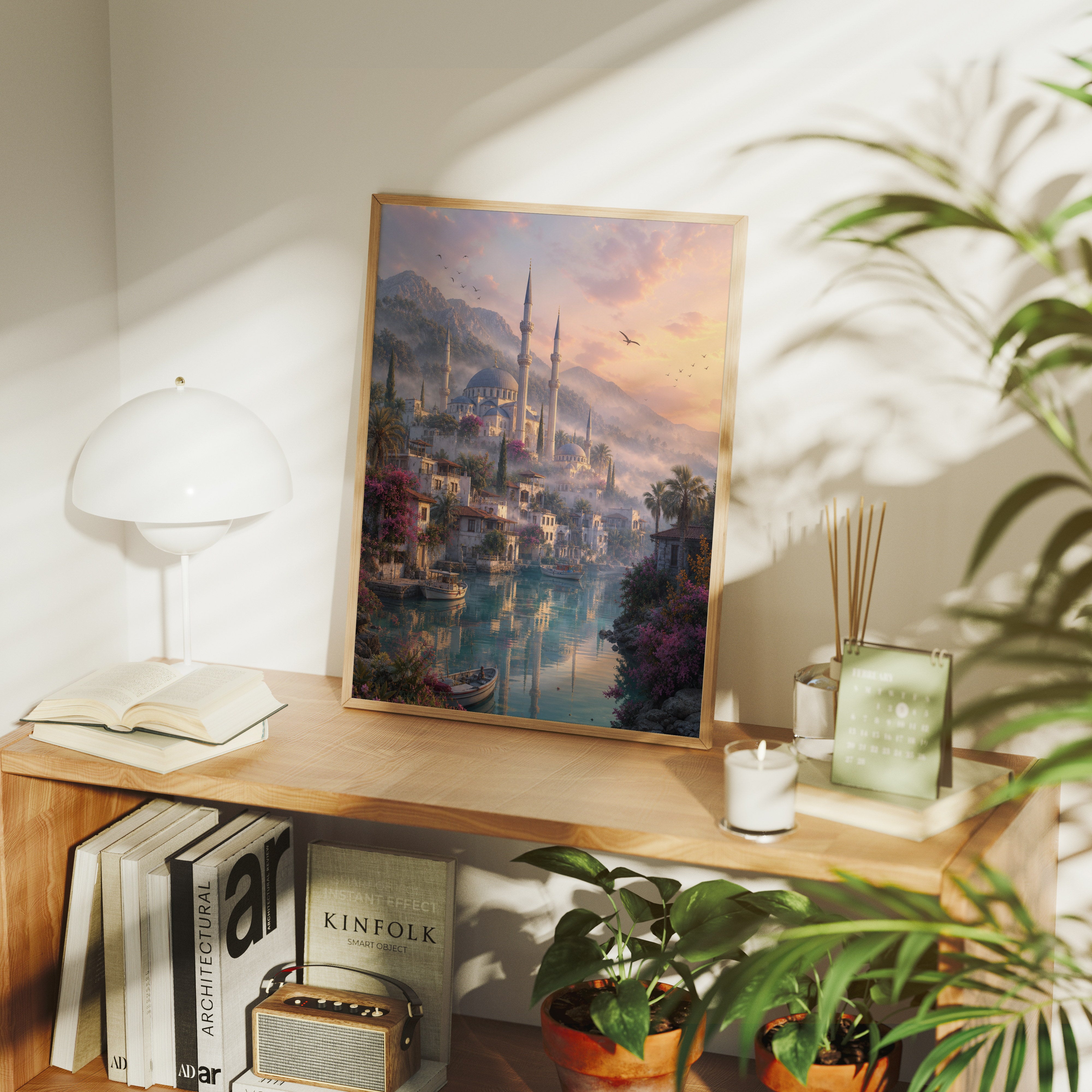 Bodrum Pastel Lagoon Mosque poster gallery shelf mockup by Seji Art