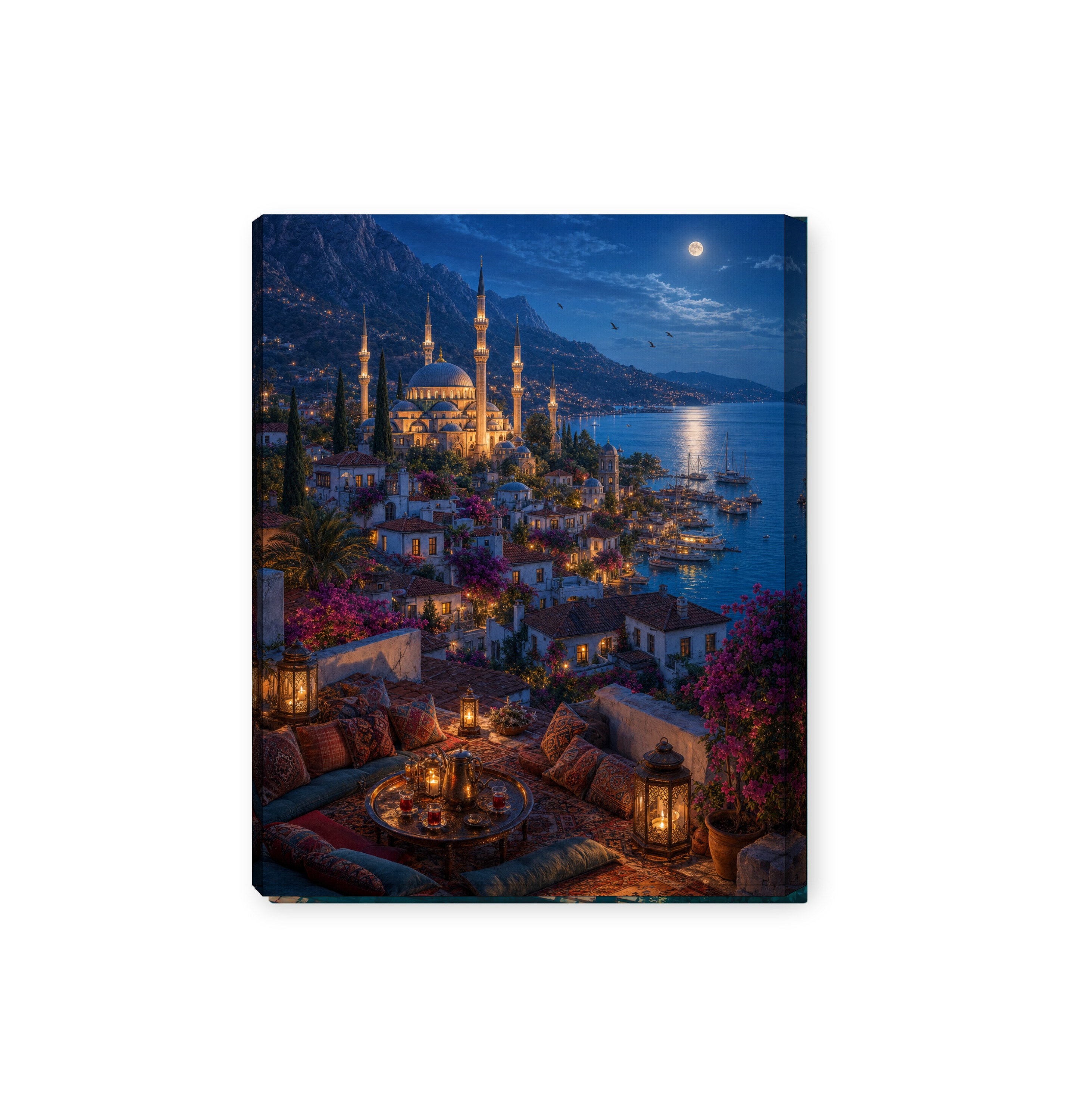 Bodrum Rooftop Moonlit Marina canvas wall art preview by Seji Art