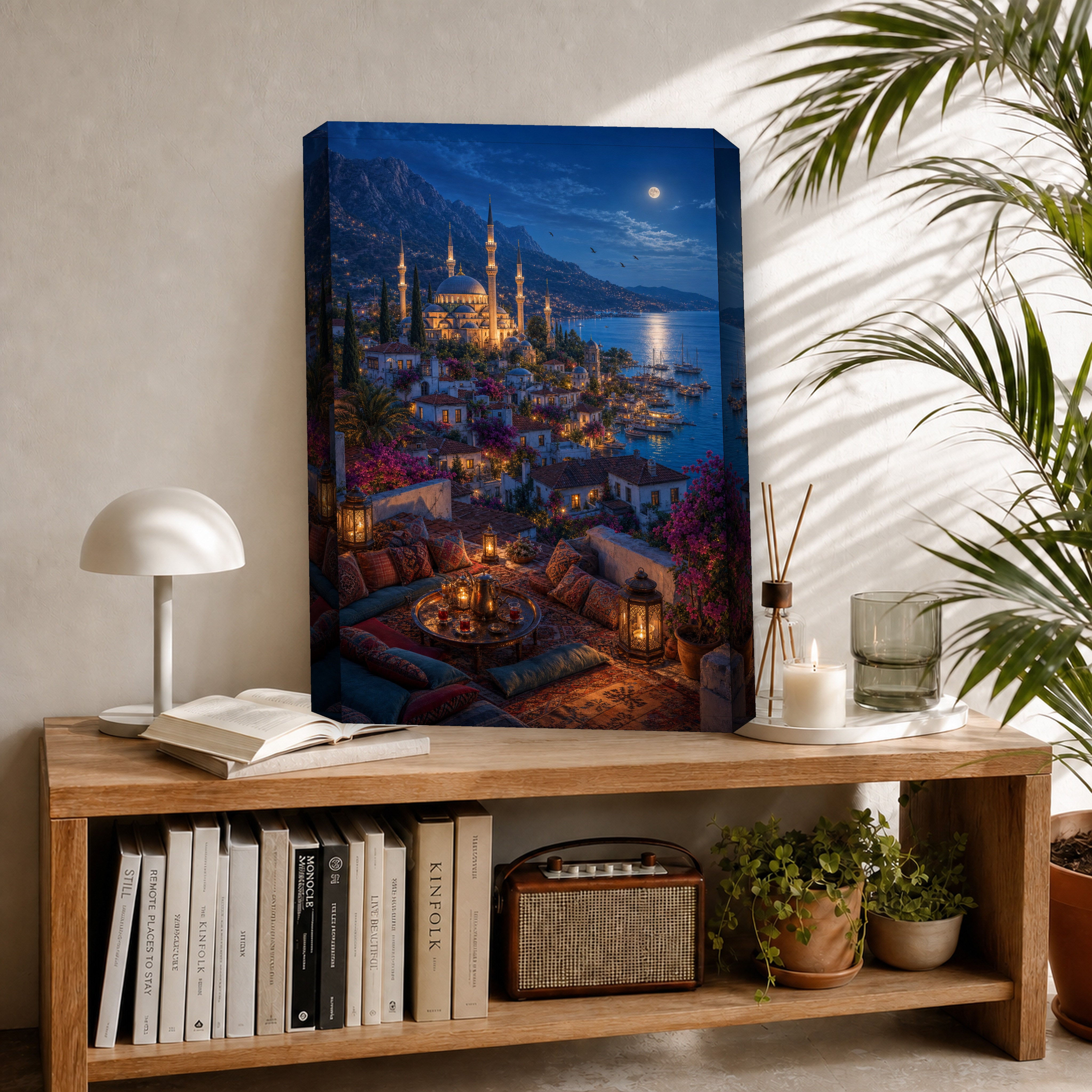 Bodrum Rooftop Moonlit Marina canvas room mockup by Seji Art