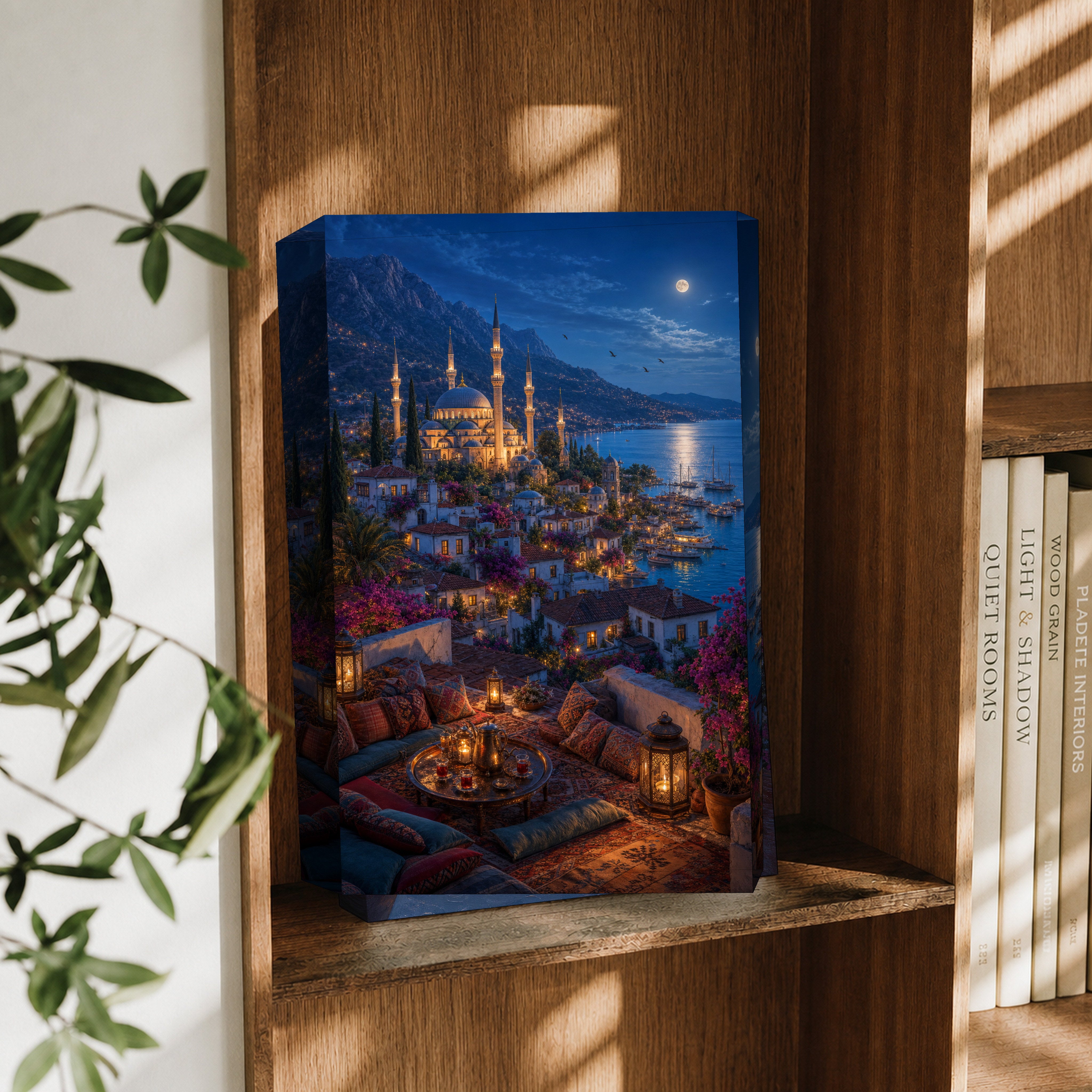 Bodrum Rooftop Moonlit Marina canvas wall art decor mockup by Seji Art
