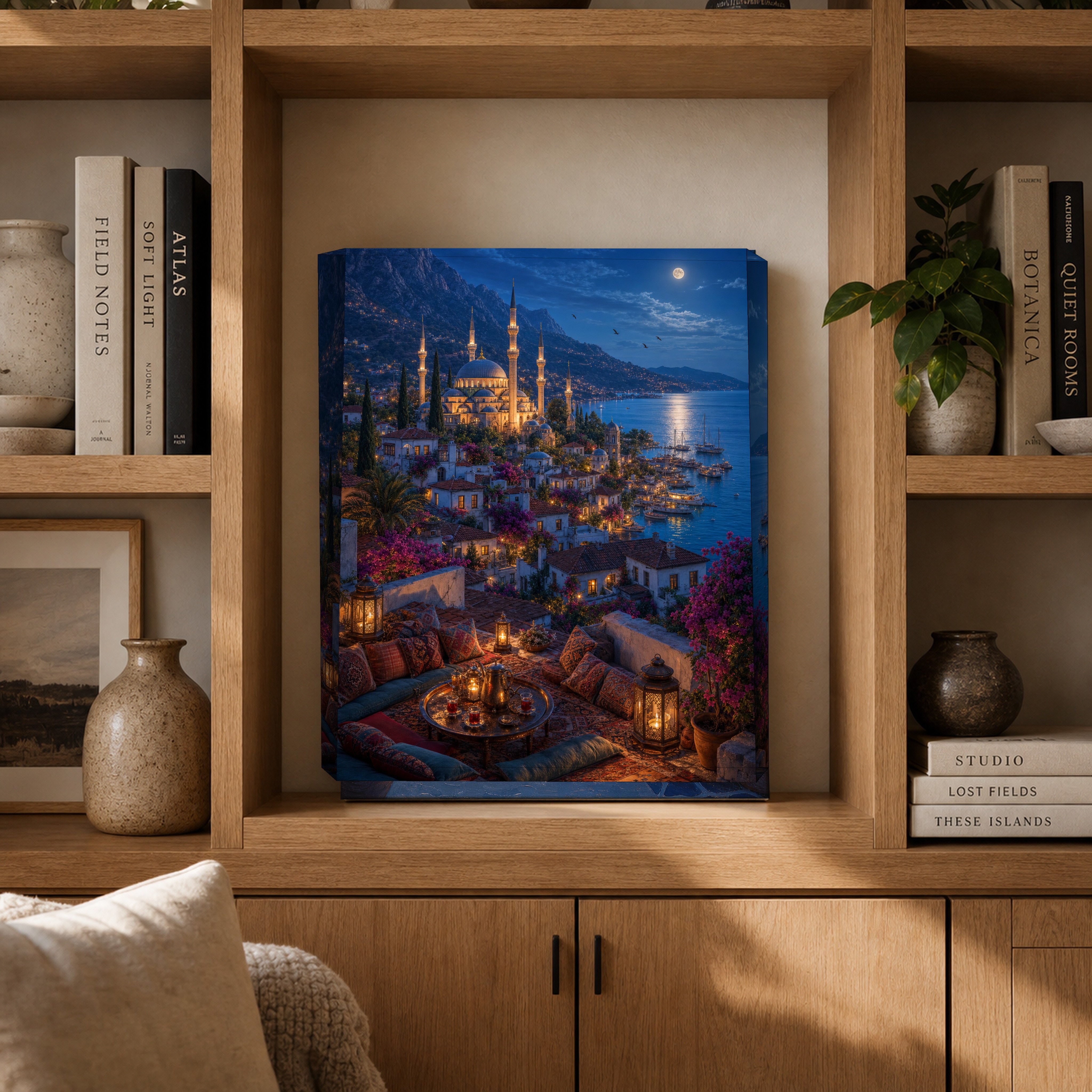 Bodrum Rooftop Moonlit Marina canvas gallery shelf mockup by Seji Art