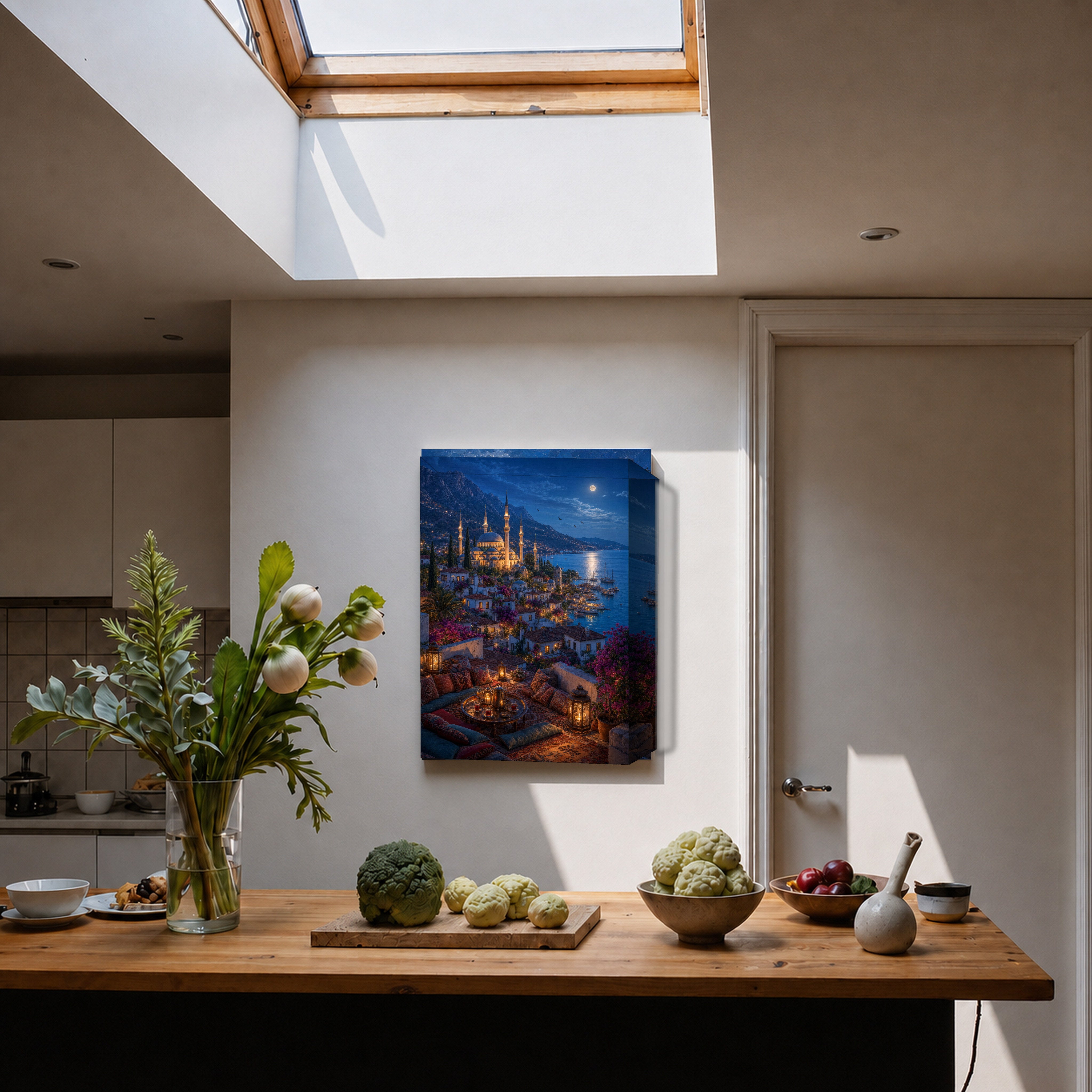 Bodrum Rooftop Moonlit Marina canvas home decor mockup by Seji Art