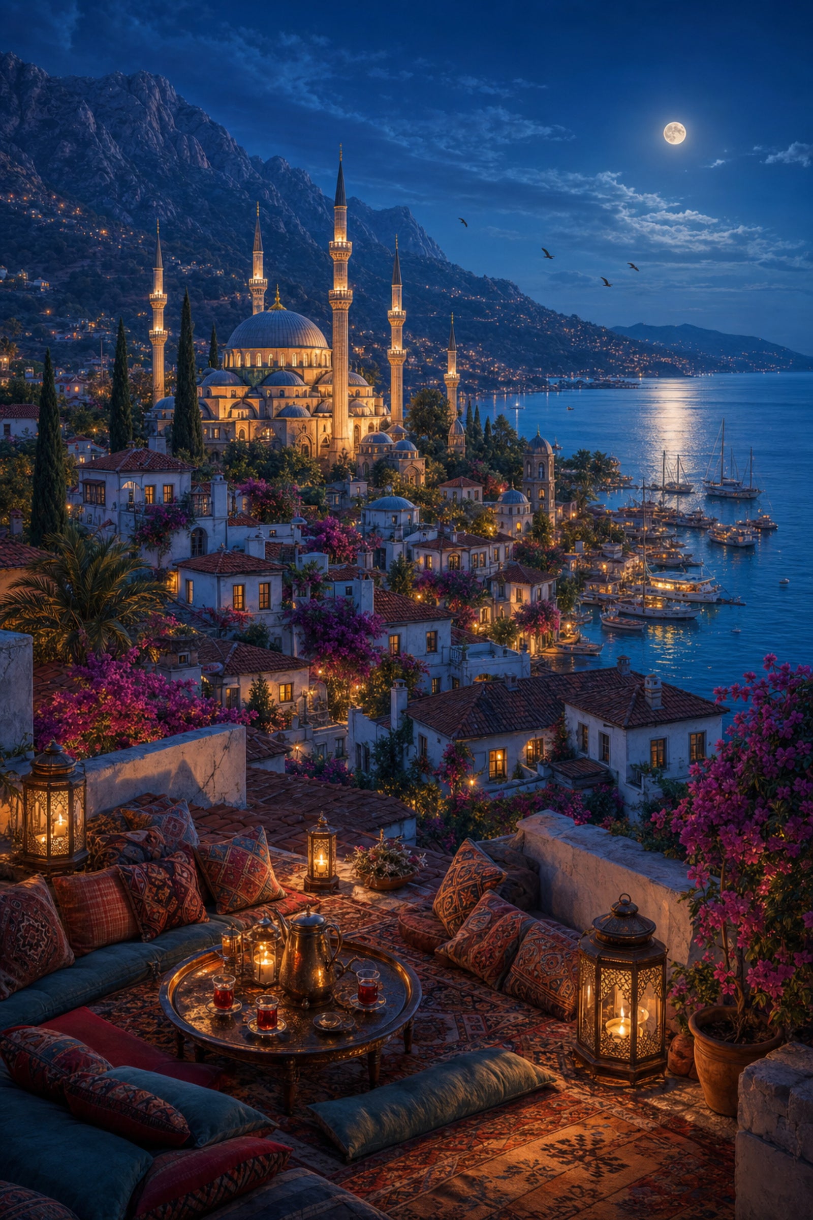 Bodrum Rooftop Moonlit Marina Wall Art Print