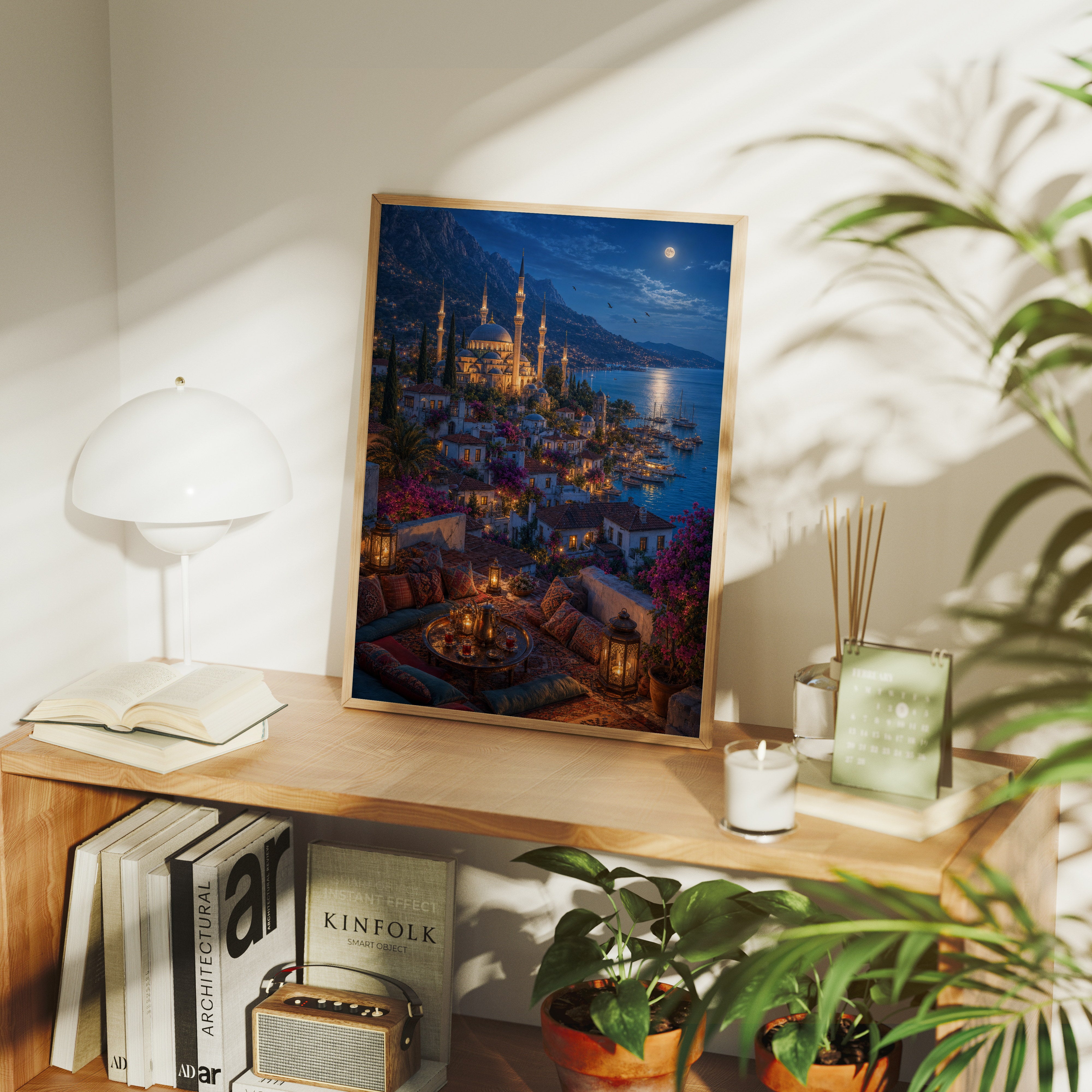 Bodrum Rooftop Moonlit Marina poster gallery shelf mockup by Seji Art