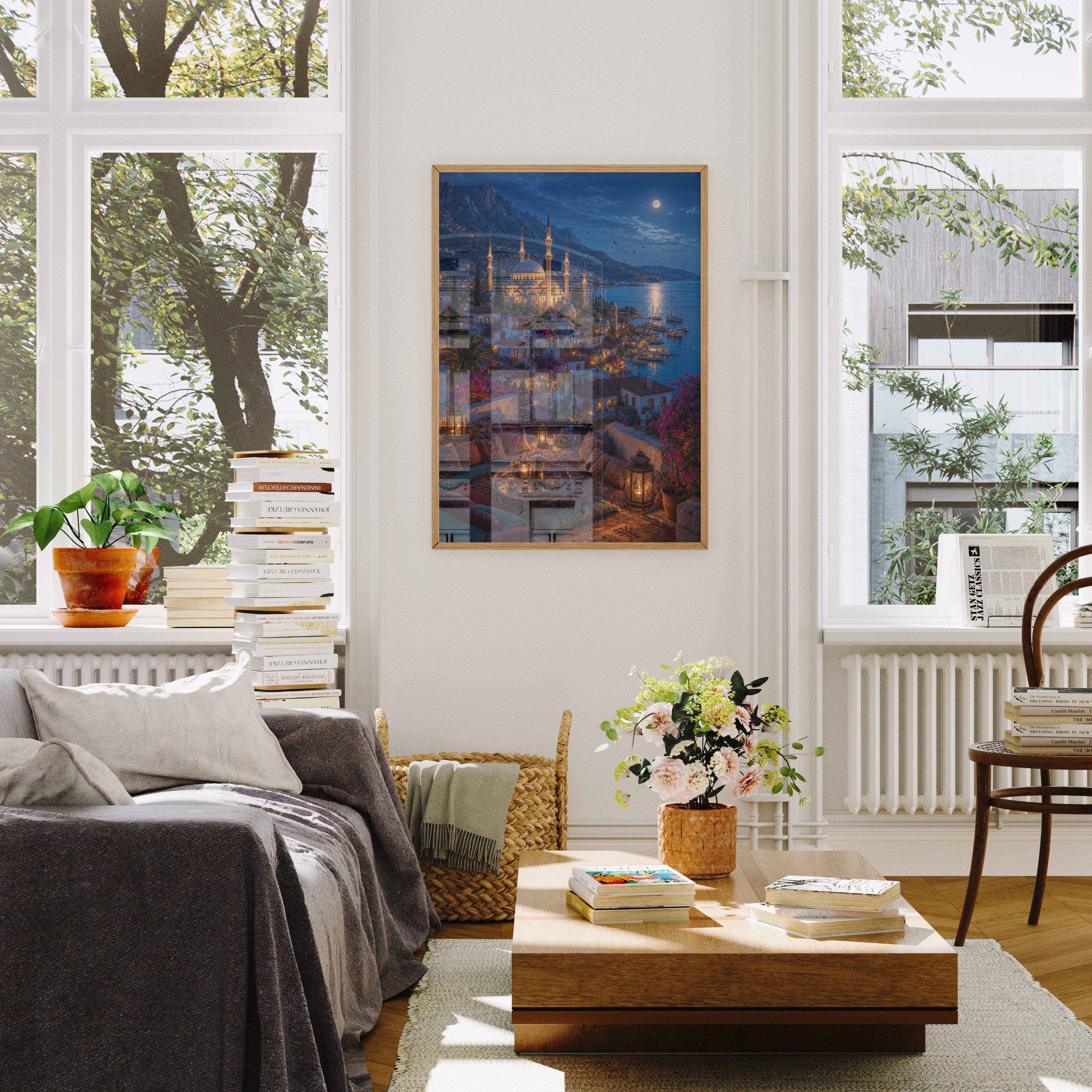 Bodrum Rooftop Moonlit Marina poster wall art mockup by Seji Art