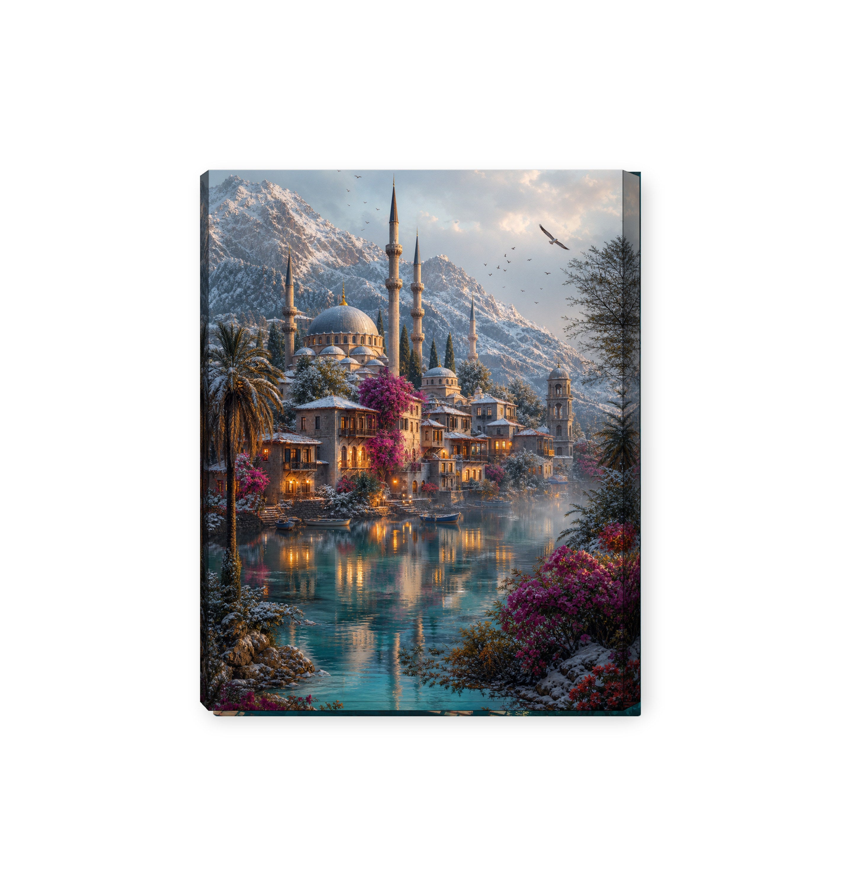 Bodrum Snowy Mountain Mosque Harbor canvas wall art preview by Seji Art