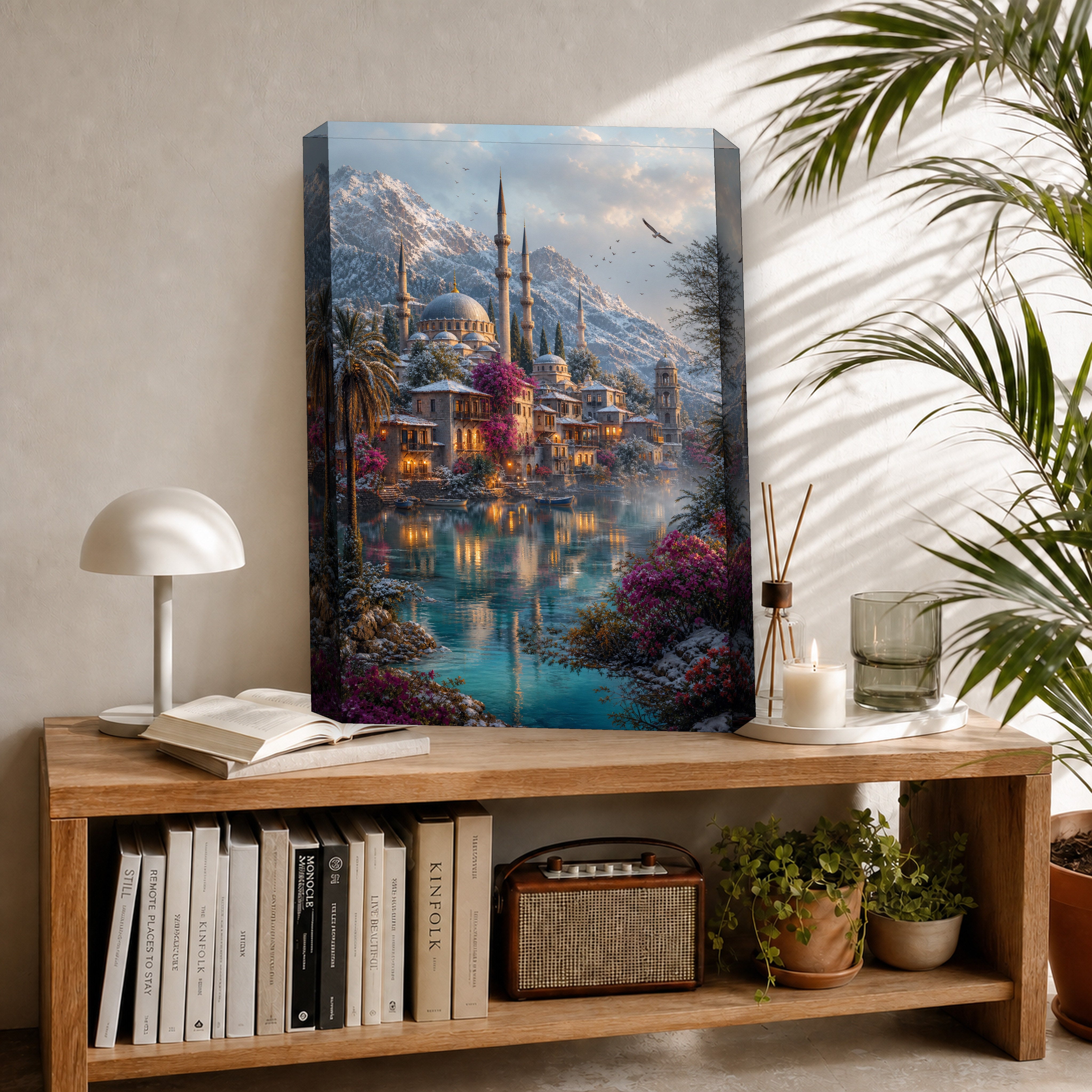 Bodrum Snowy Mountain Mosque Harbor canvas room mockup by Seji Art