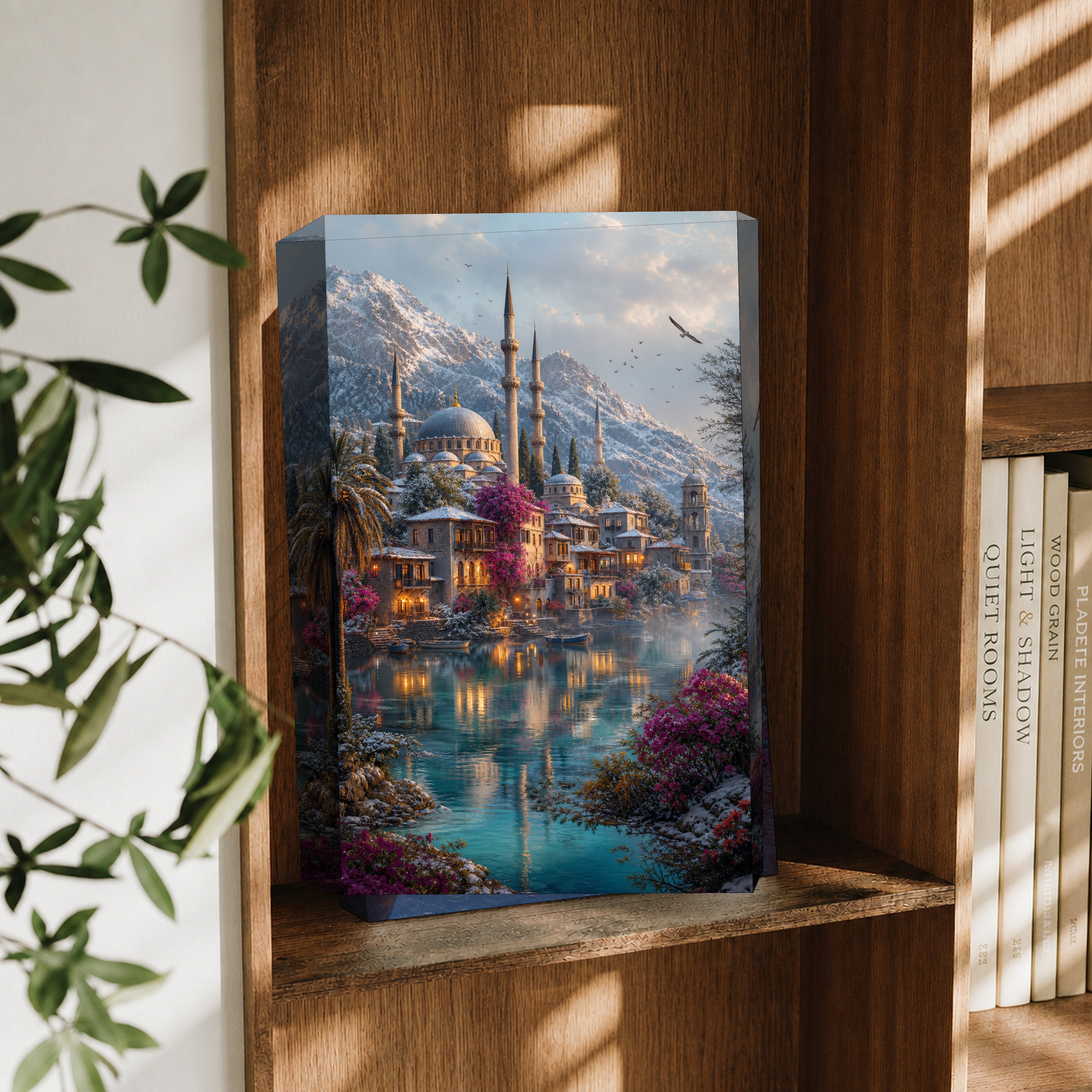 Bodrum Snowy Mountain Mosque Harbor canvas wall art decor mockup by Seji Art