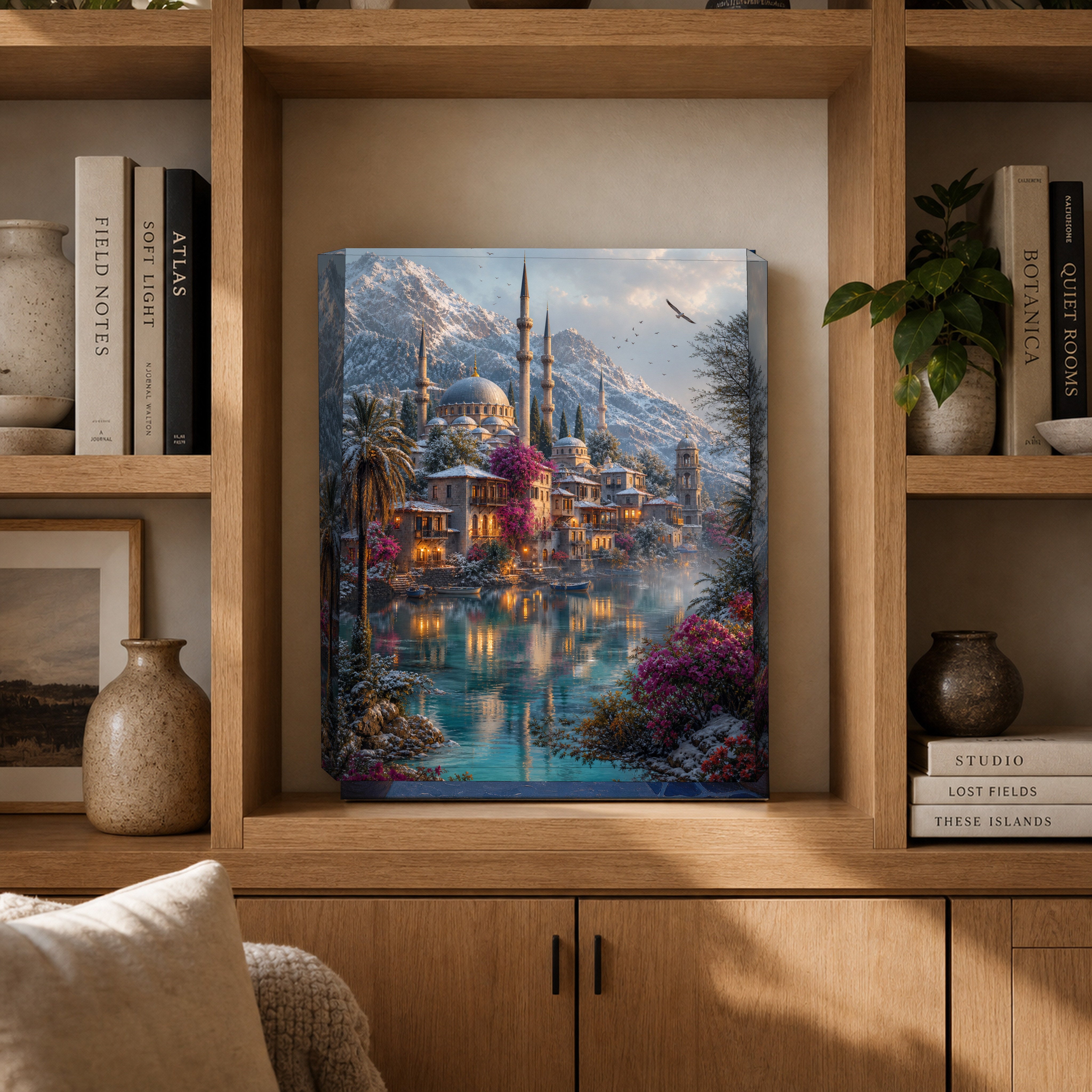 Bodrum Snowy Mountain Mosque Harbor canvas gallery shelf mockup by Seji Art