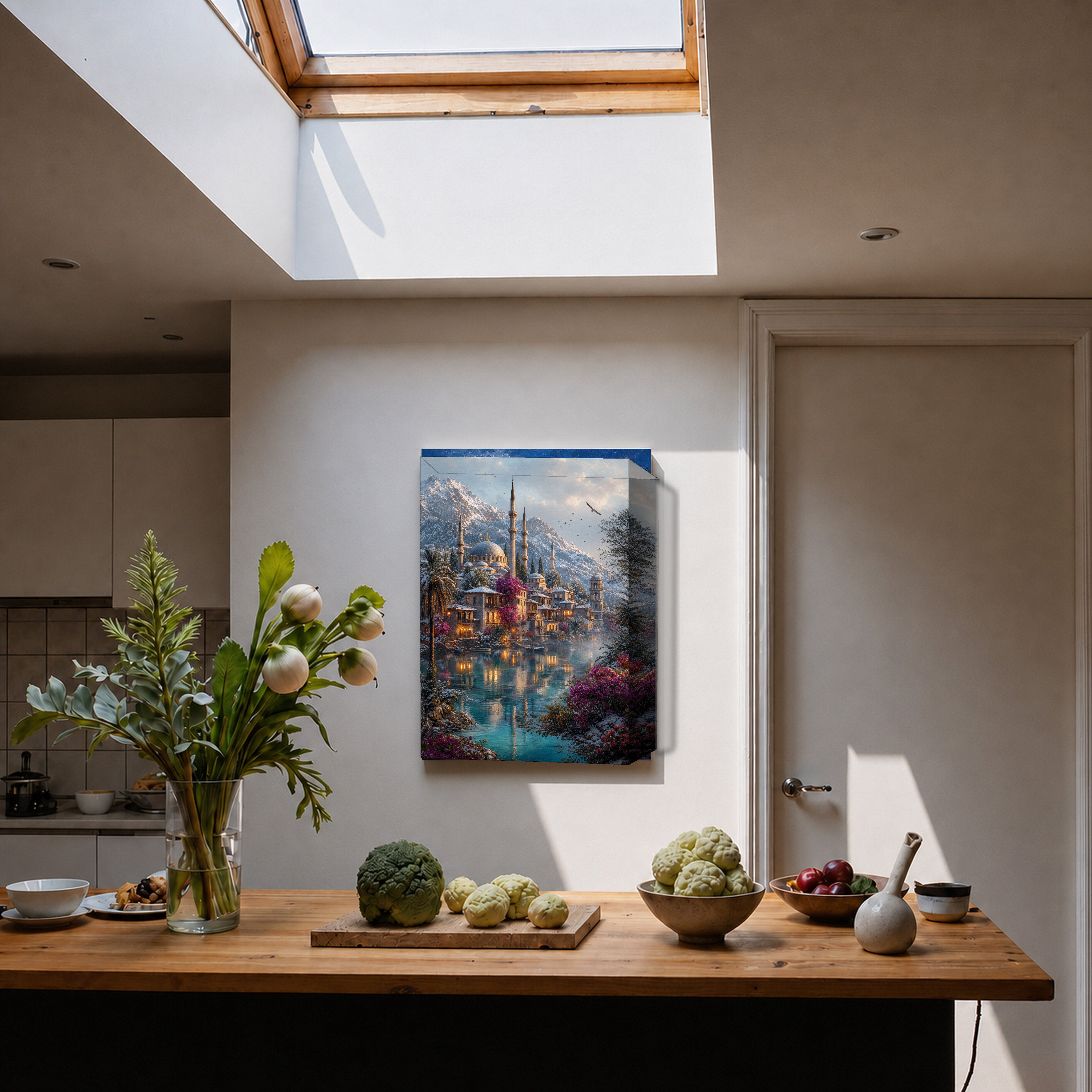 Bodrum Snowy Mountain Mosque Harbor canvas home decor mockup by Seji Art