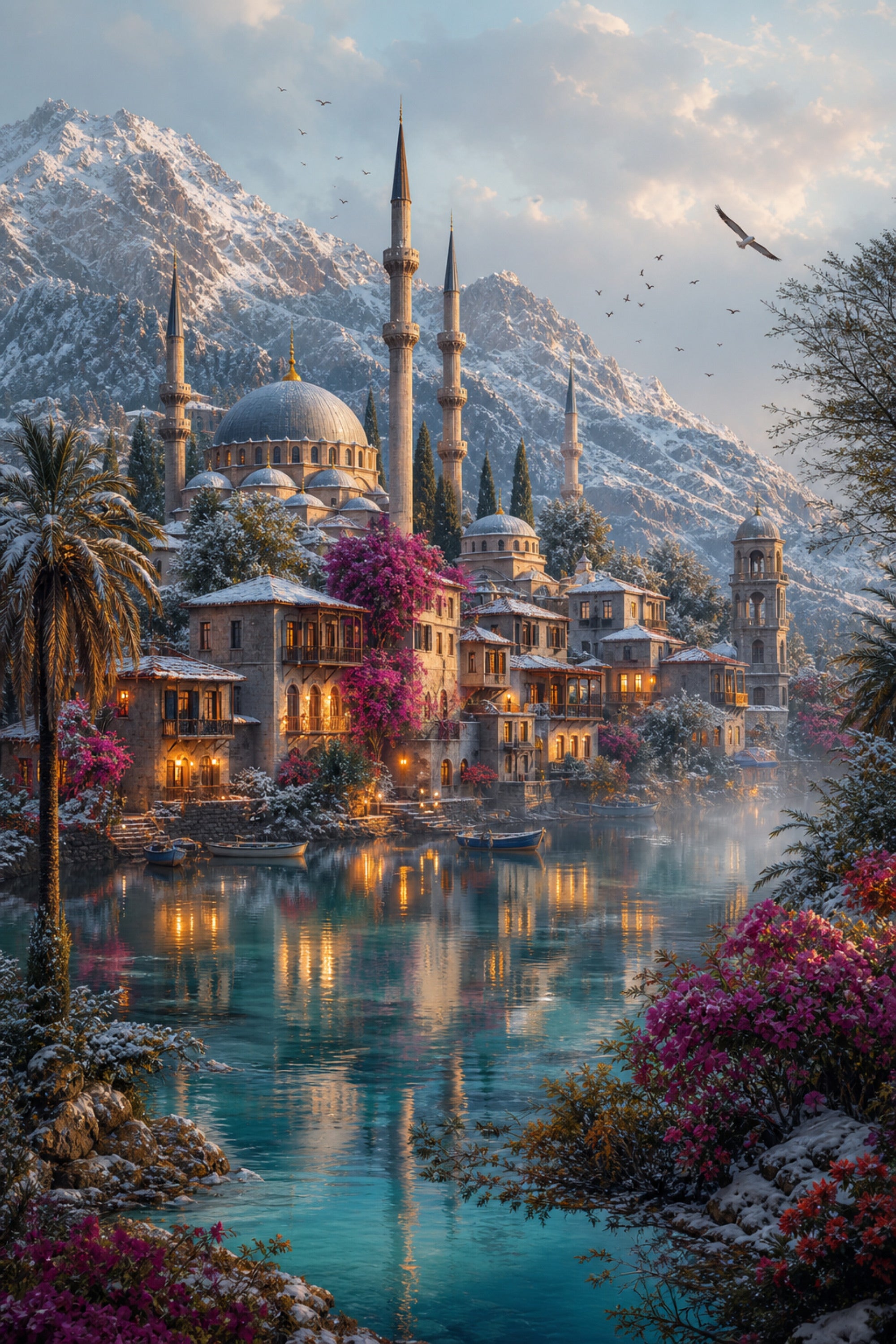 Bodrum Snowy Mountain Mosque Harbor poster print preview by Seji Art