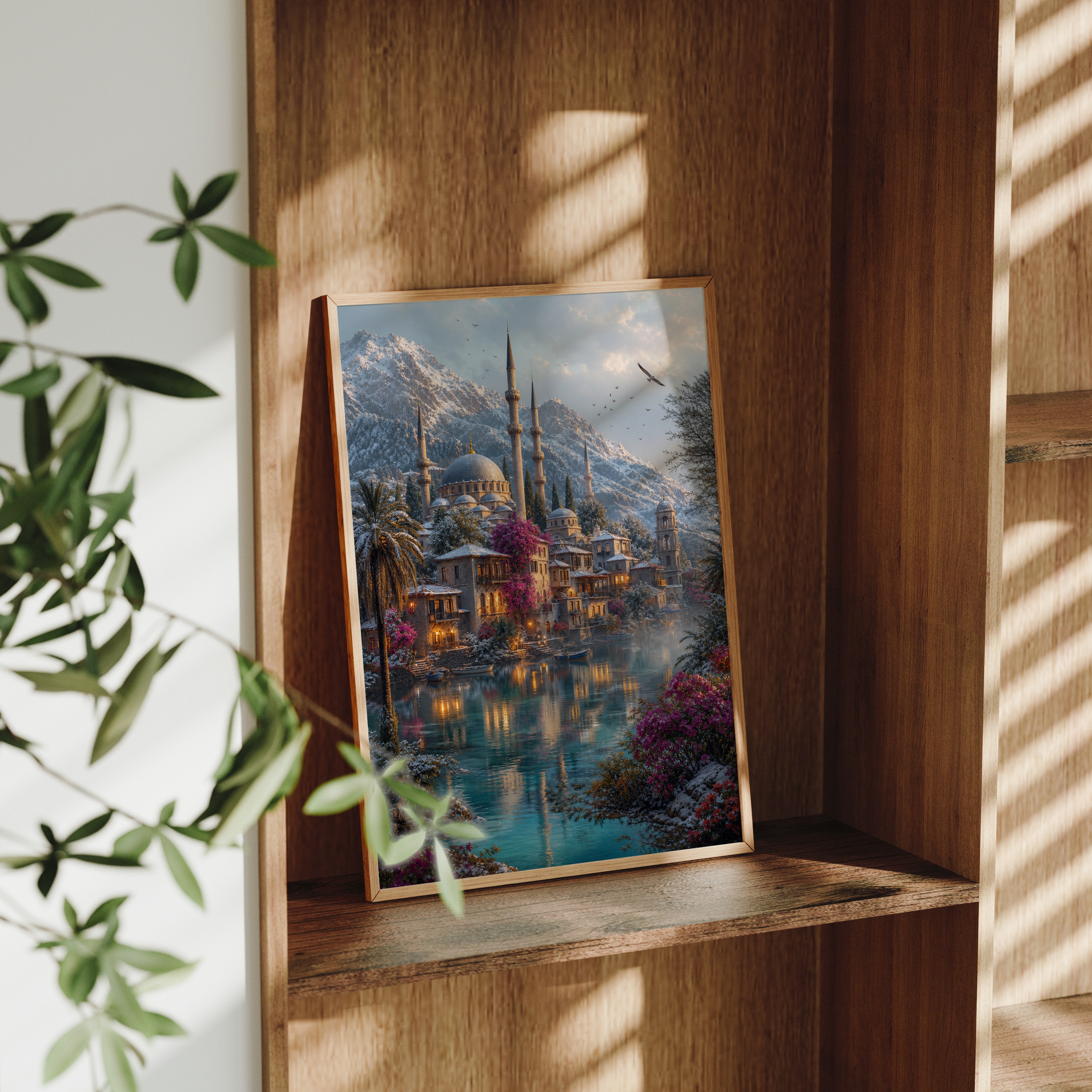 Bodrum Snowy Mountain Mosque Harbor poster framed room mockup by Seji Art