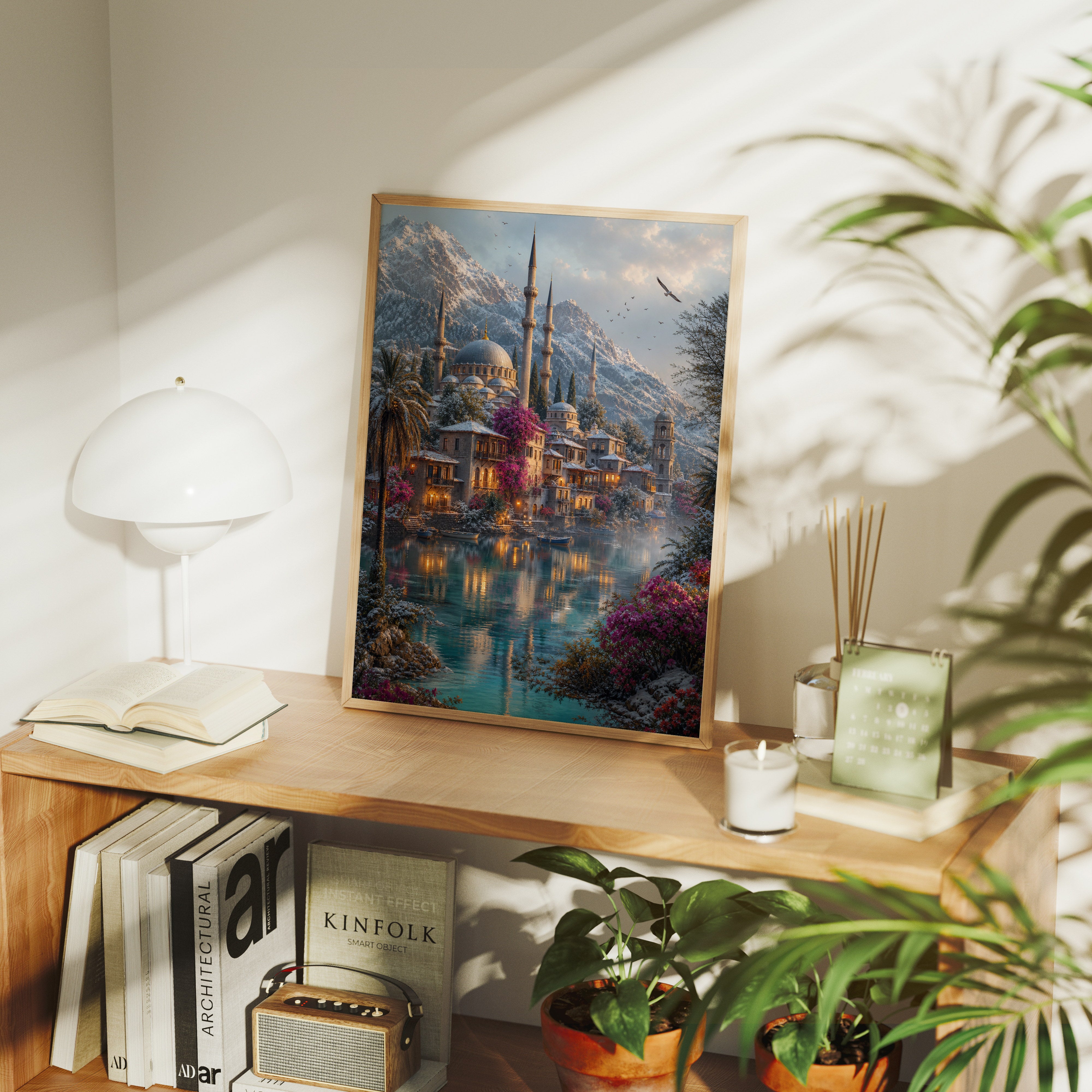 Bodrum Snowy Mountain Mosque Harbor poster gallery shelf mockup by Seji Art