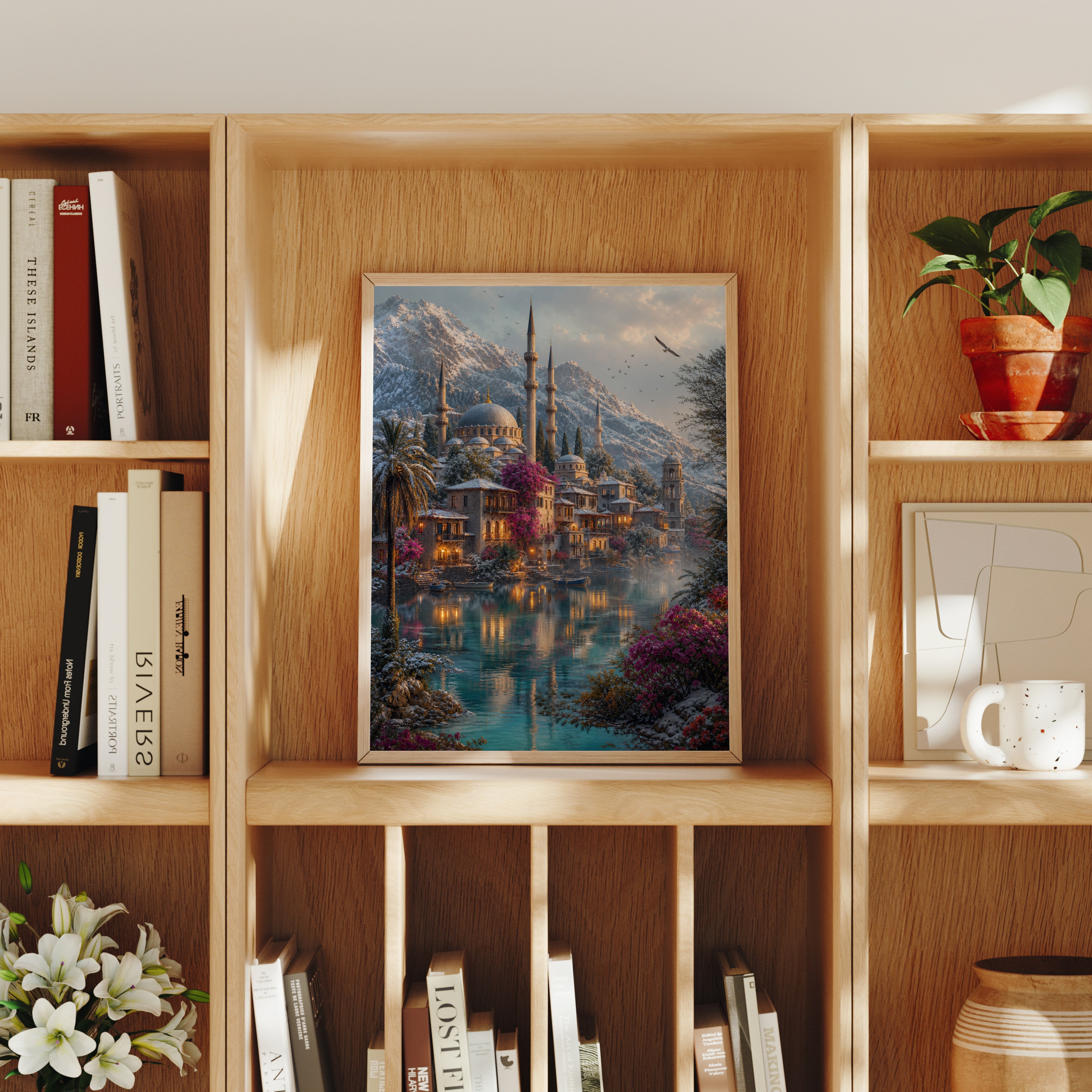 Bodrum Snowy Mountain Mosque Harbor poster home decor mockup by Seji Art