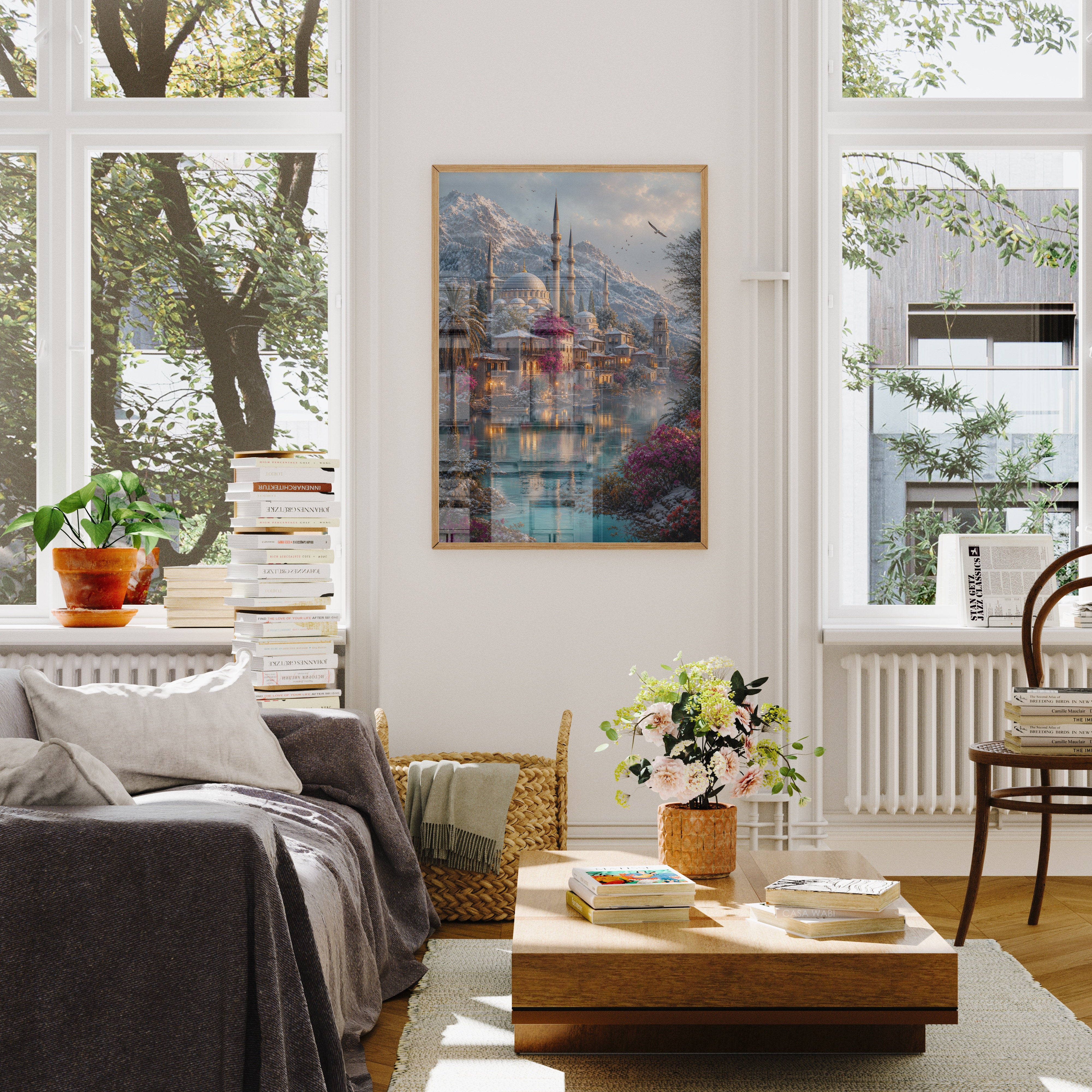 Bodrum Snowy Mountain Mosque Harbor poster wall art mockup by Seji Art