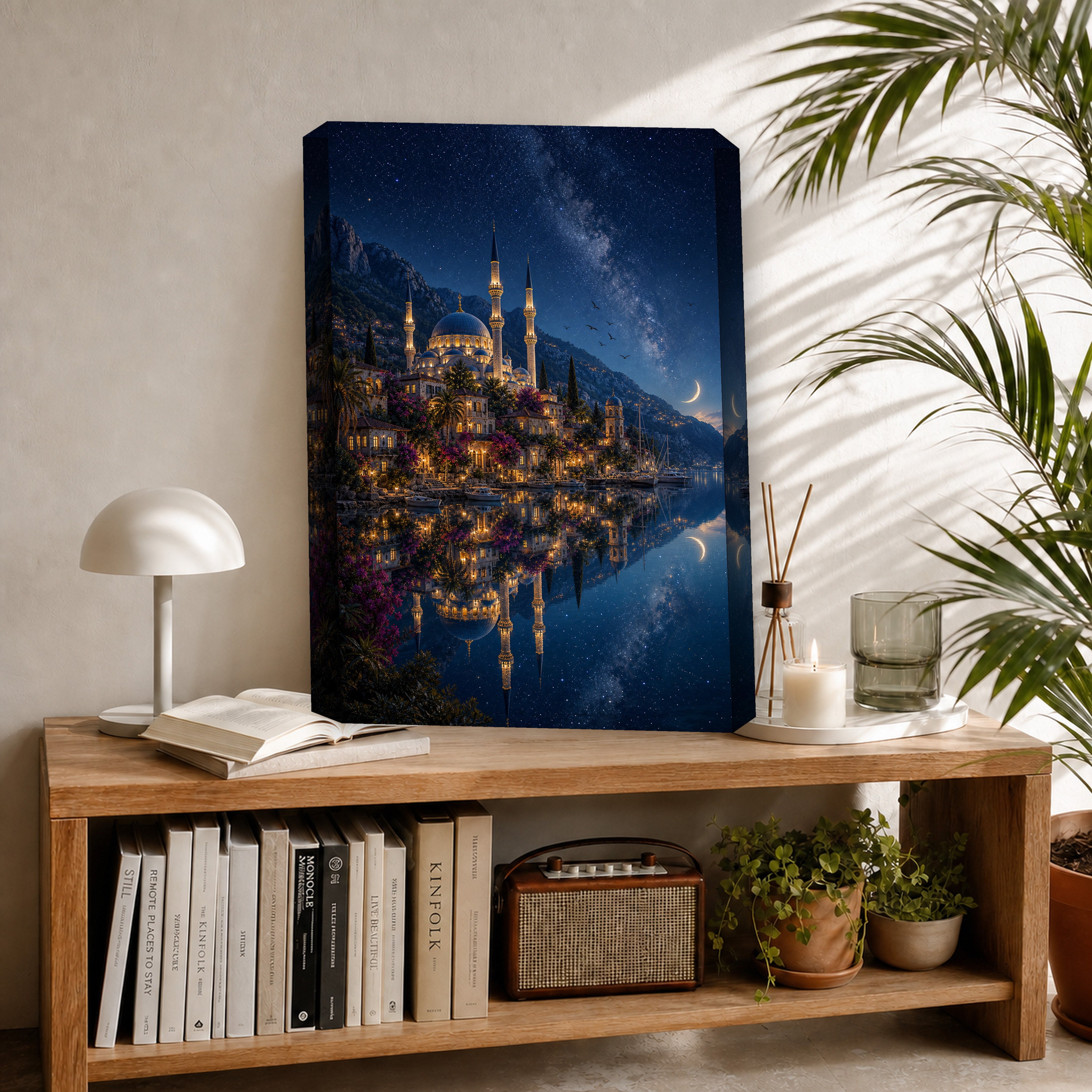 Bodrum Starlit Mosque Reflection canvas room mockup by Seji Art