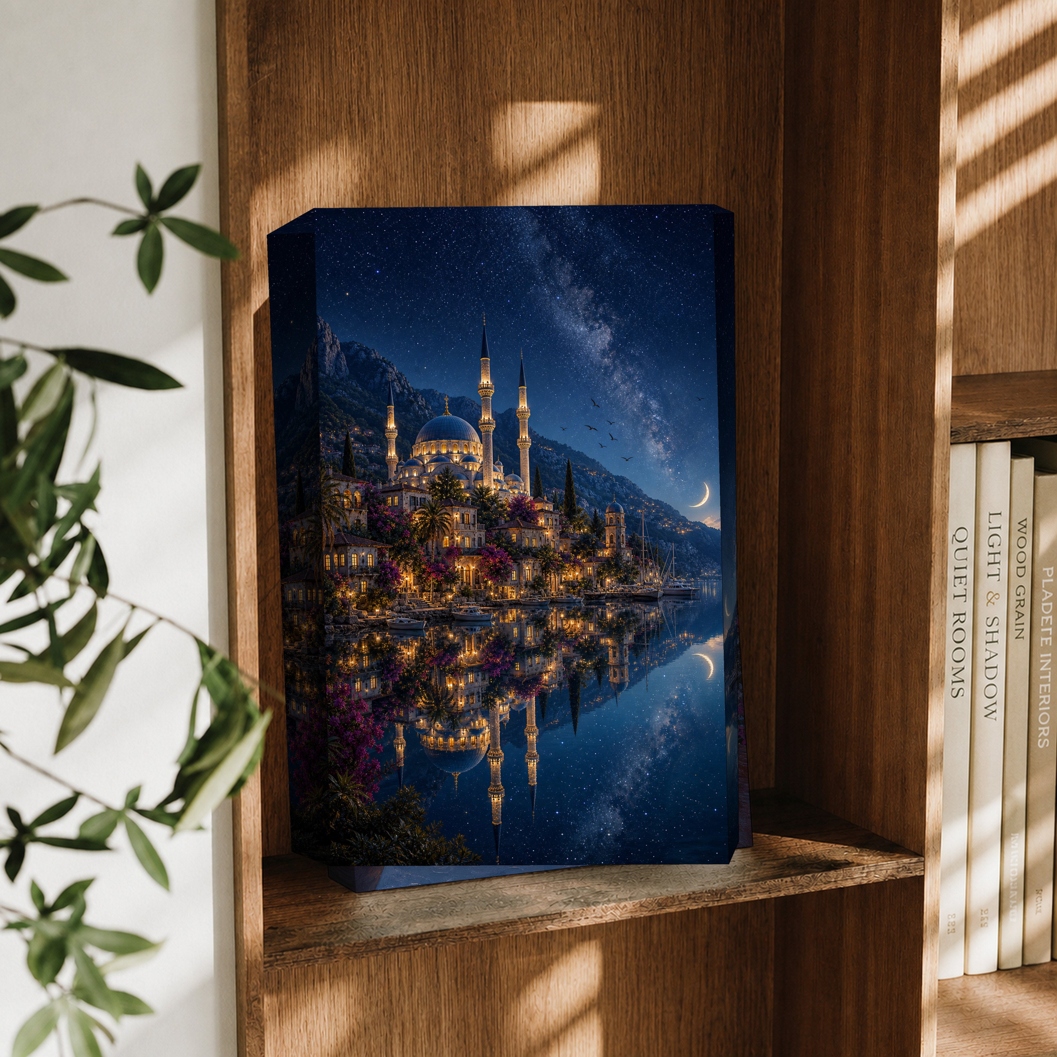 Bodrum Starlit Mosque Reflection canvas wall art decor mockup by Seji Art