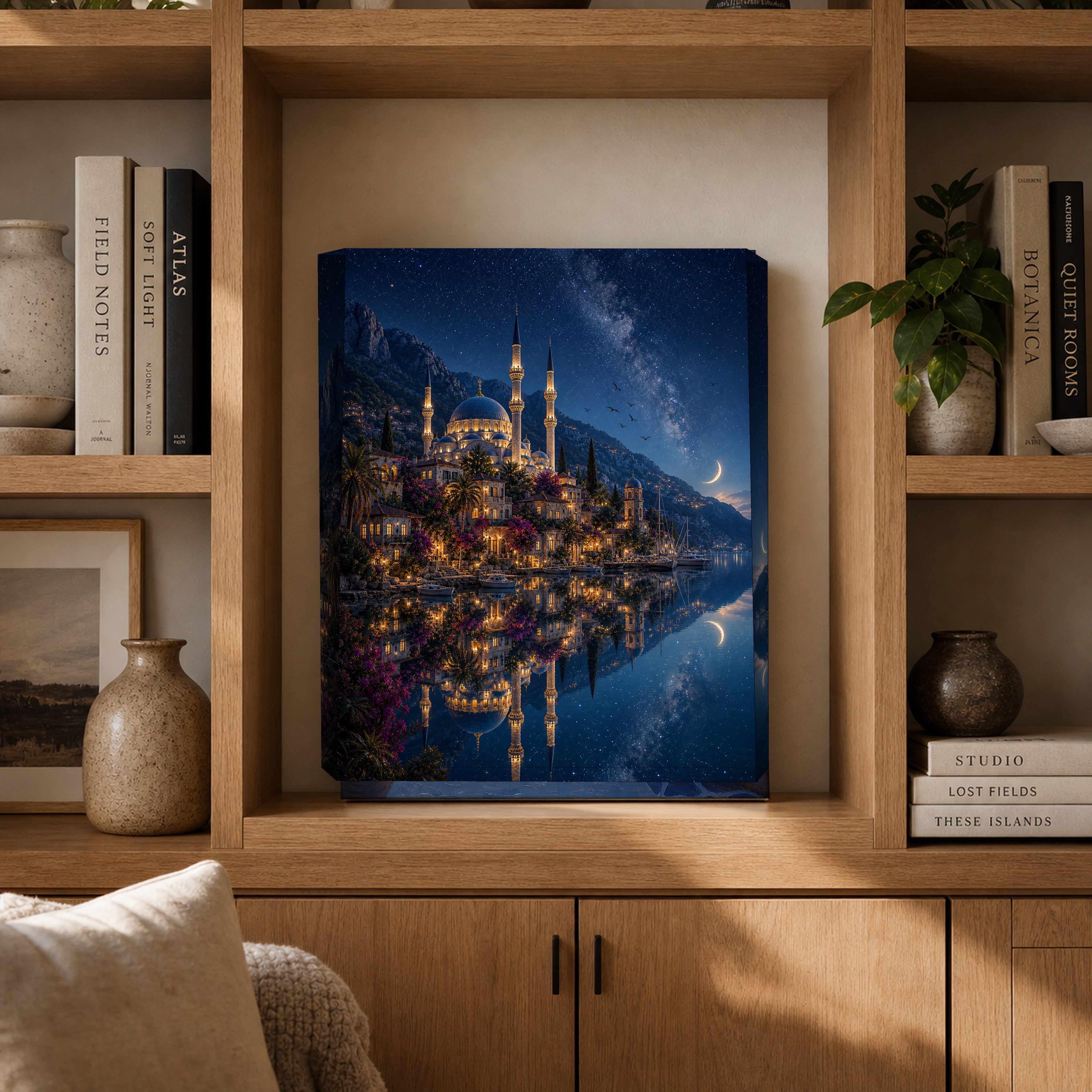 Bodrum Starlit Mosque Reflection canvas gallery shelf mockup by Seji Art