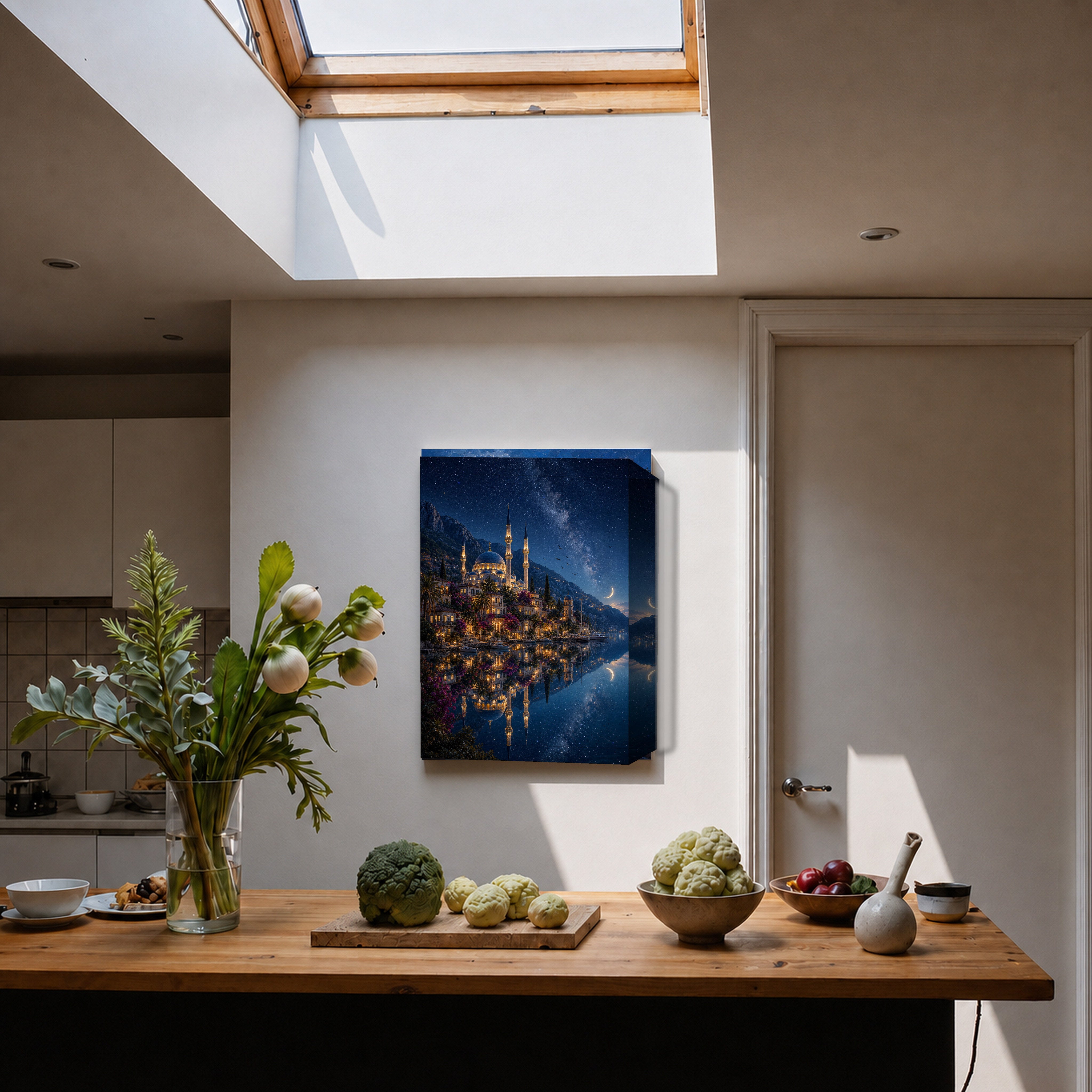 Bodrum Starlit Mosque Reflection canvas home decor mockup by Seji Art