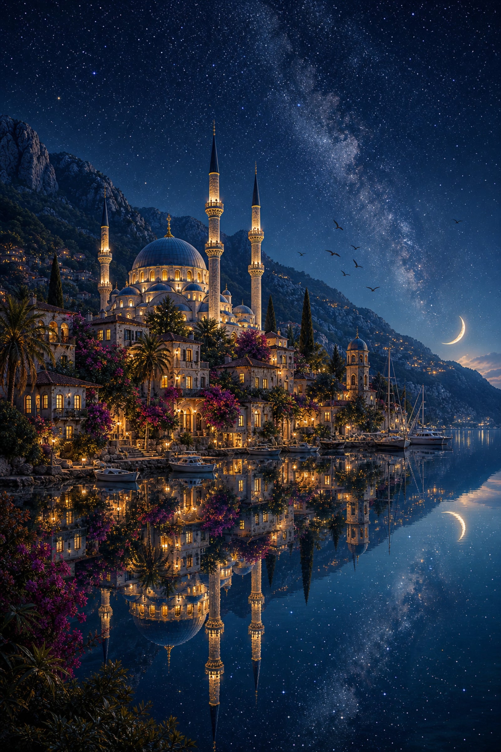 Bodrum Starlit Mosque Reflection Wall Art Print