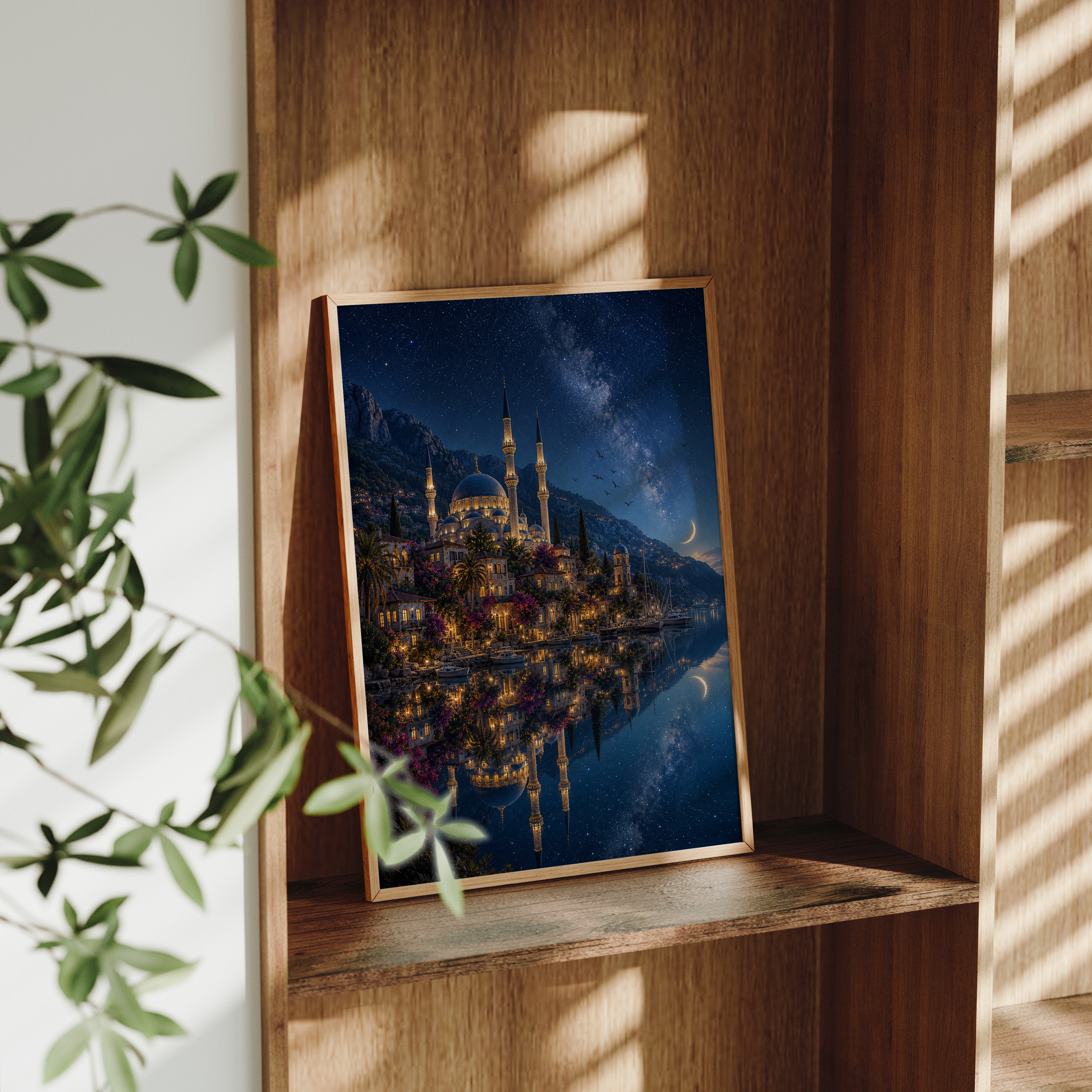 Bodrum Starlit Mosque Reflection poster framed room mockup by Seji Art