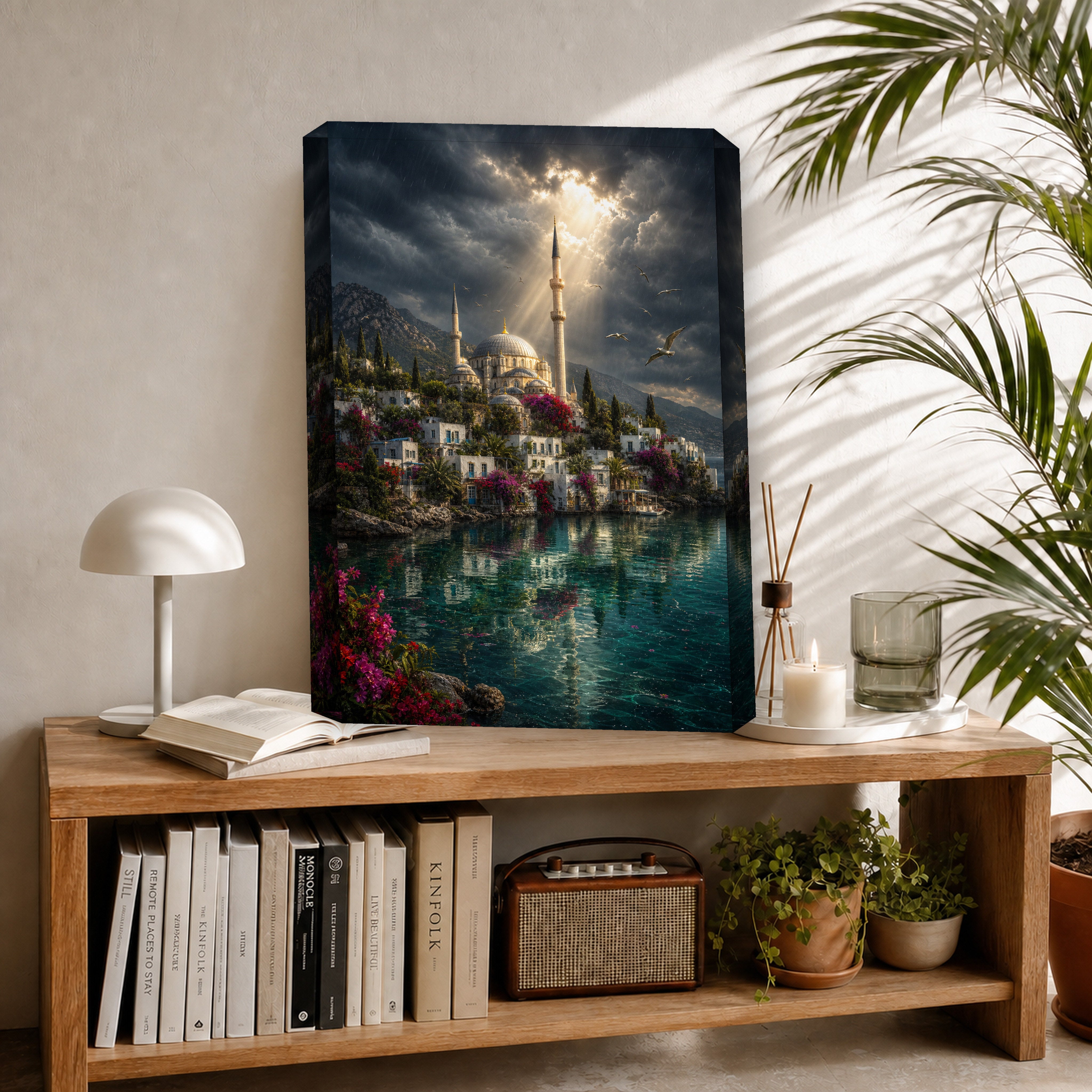 Bodrum Stormlight Mosque Harbor canvas room mockup by Seji Art