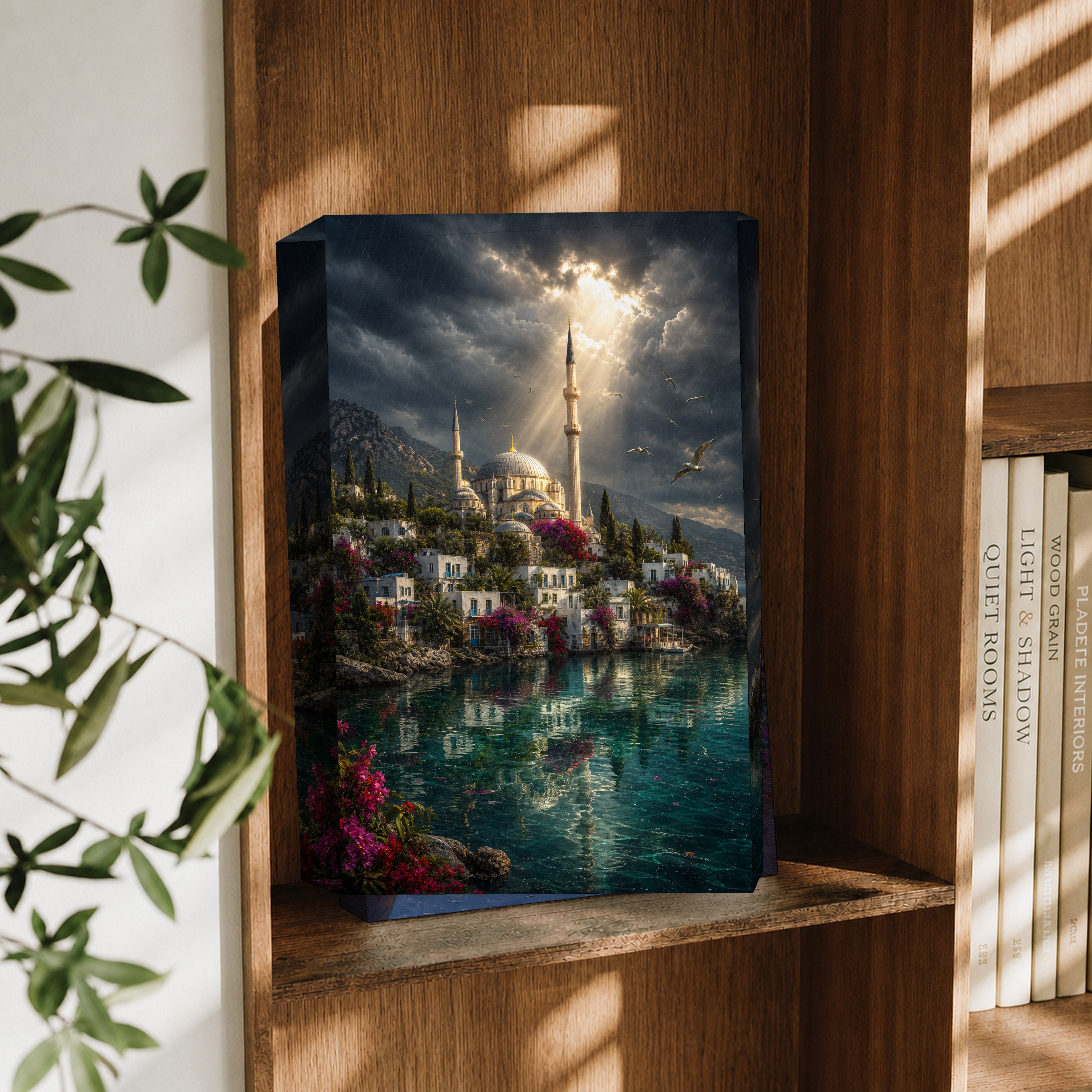 Bodrum Stormlight Mosque Harbor canvas wall art decor mockup by Seji Art