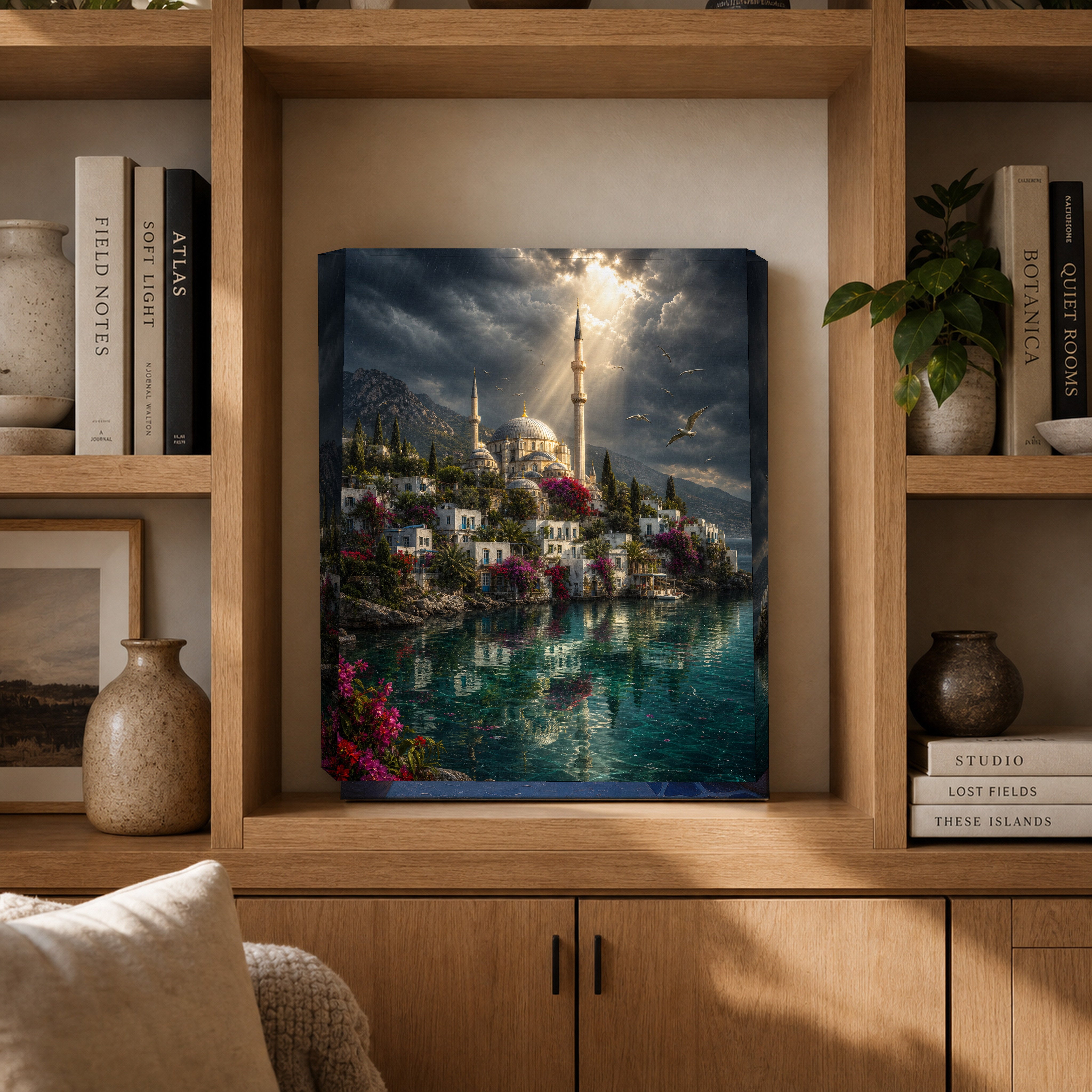 Bodrum Stormlight Mosque Harbor canvas gallery shelf mockup by Seji Art
