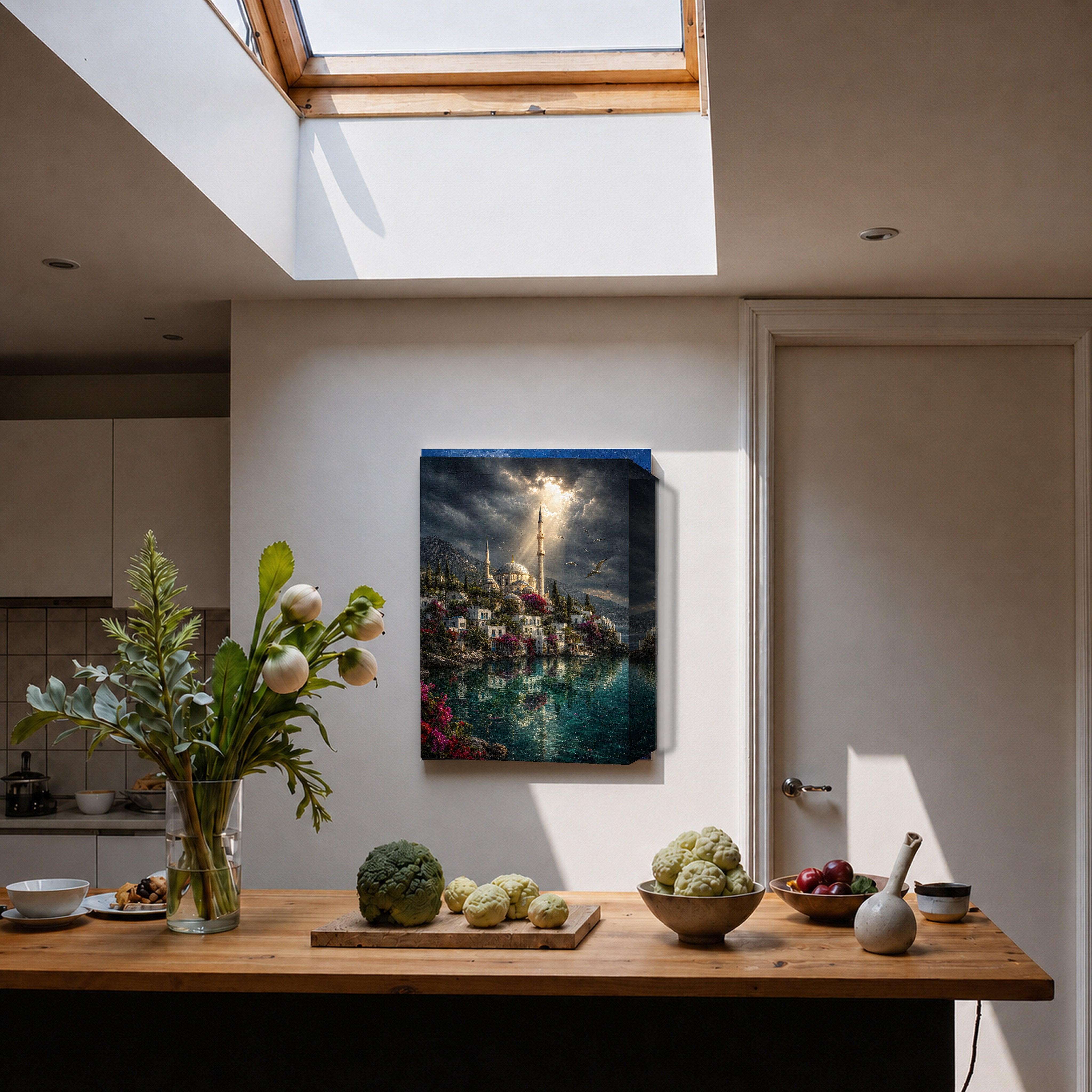 Bodrum Stormlight Mosque Harbor canvas home decor mockup by Seji Art