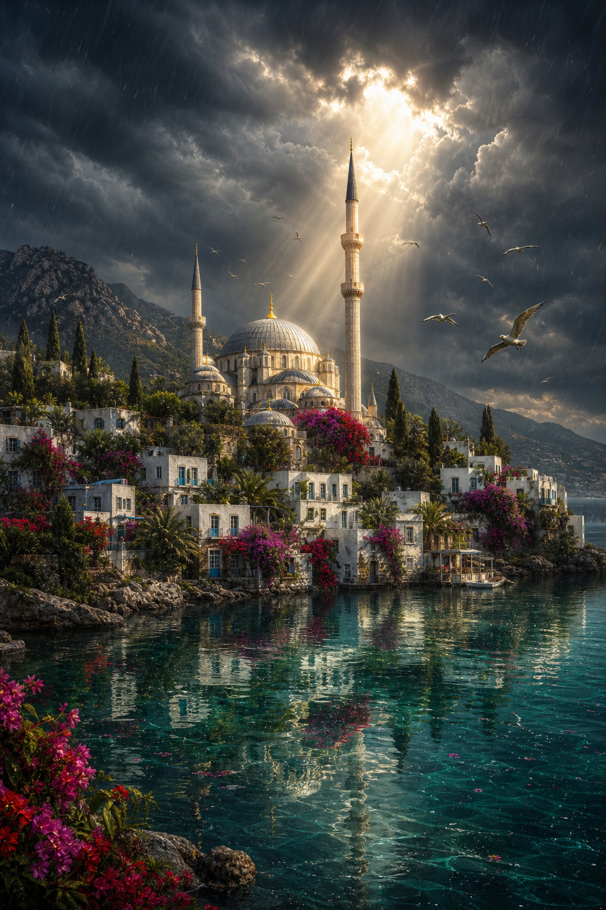 Bodrum Stormlight Mosque Harbor poster print preview by Seji Art