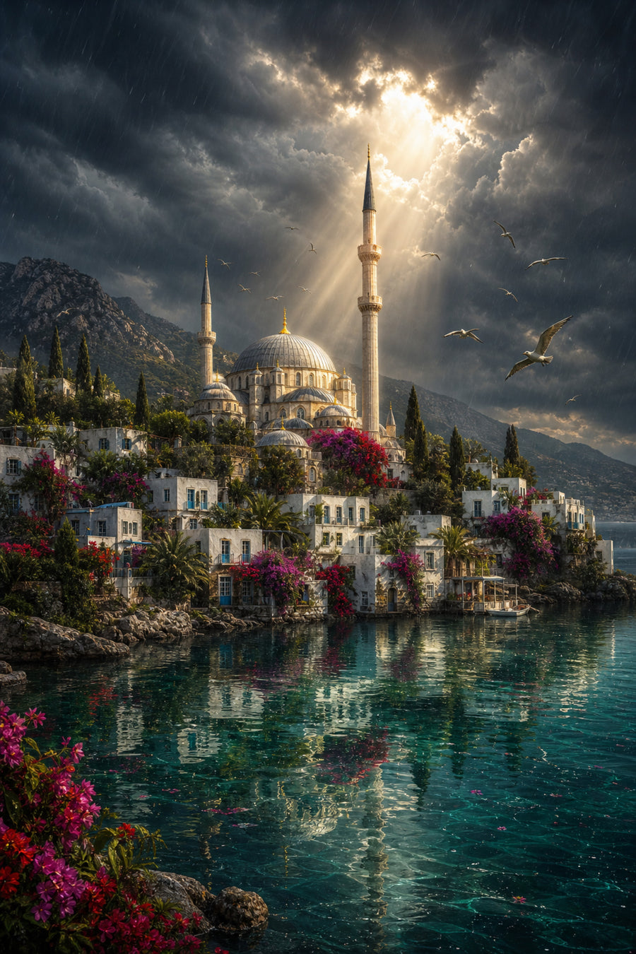 Bodrum Stormlight Mosque Harbor poster print preview by Seji Art
