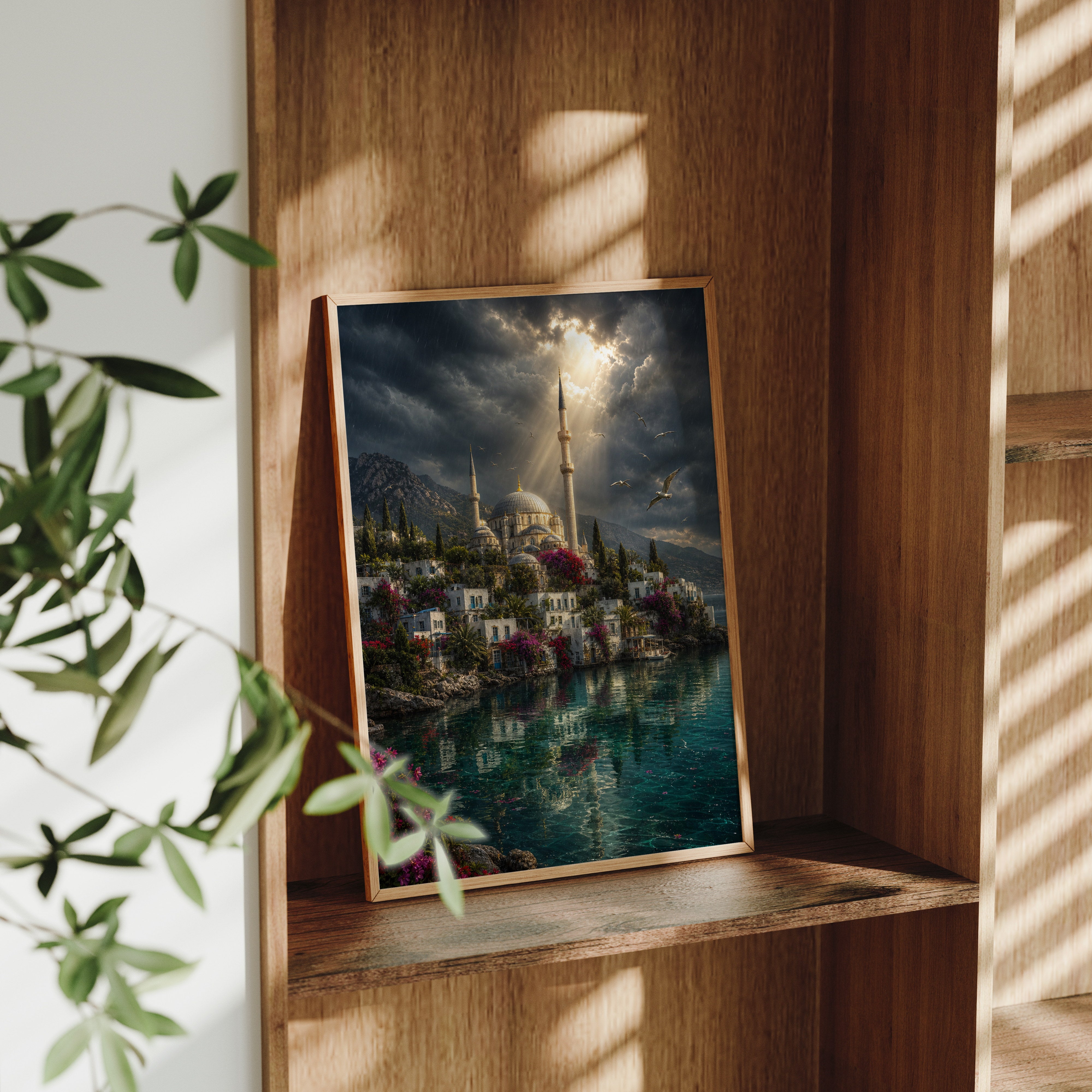 Bodrum Stormlight Mosque Harbor poster framed room mockup by Seji Art