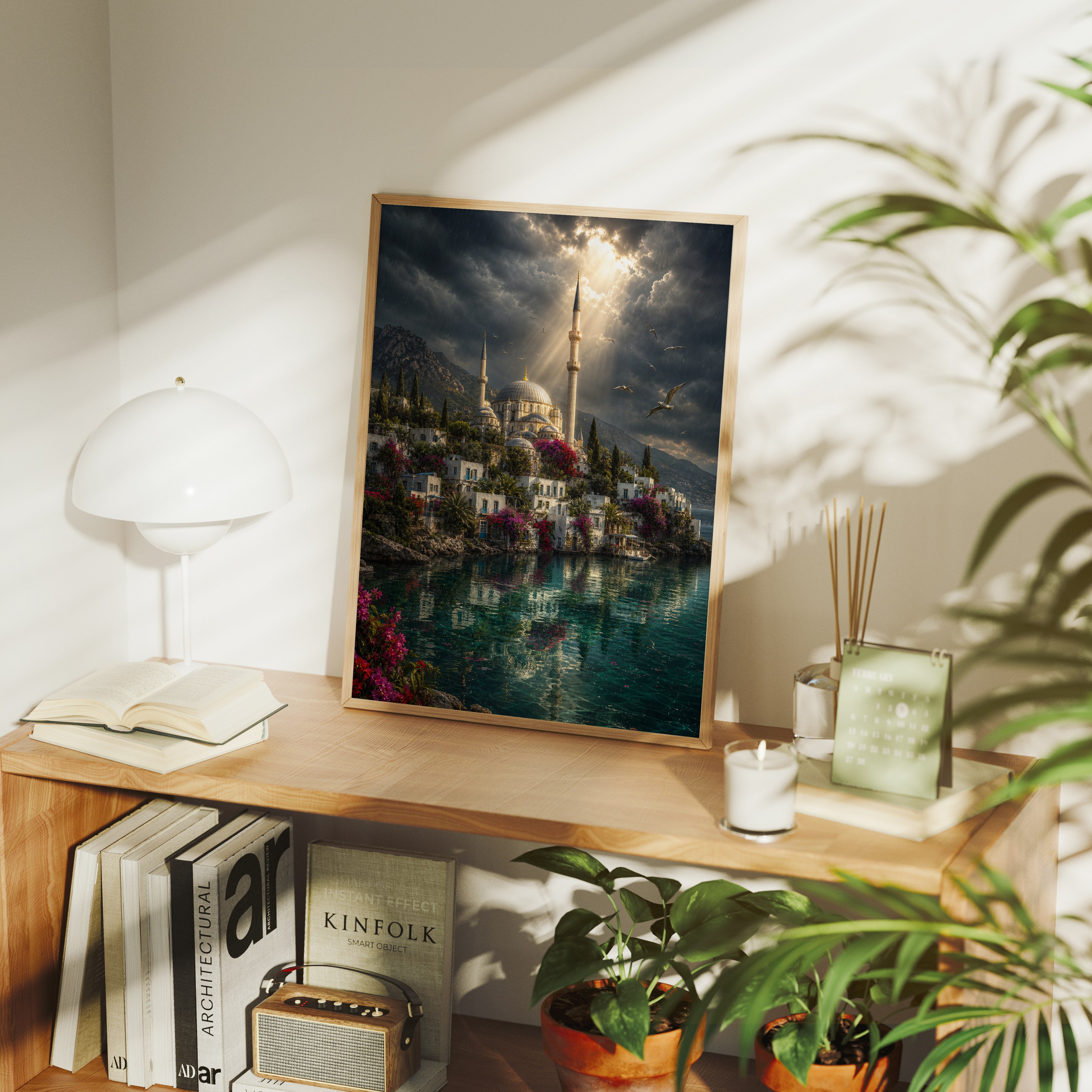 Bodrum Stormlight Mosque Harbor poster gallery shelf mockup by Seji Art