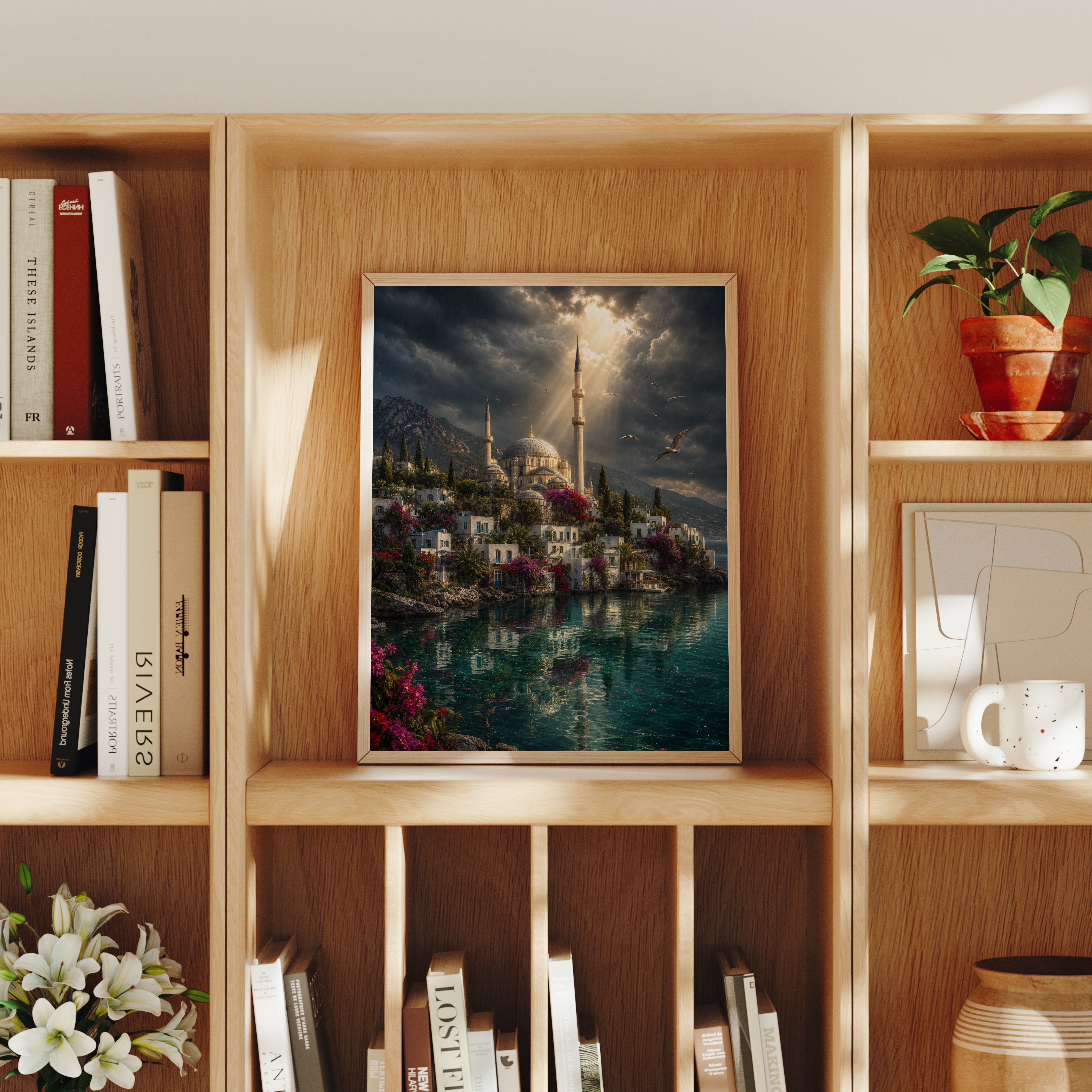 Bodrum Stormlight Mosque Harbor poster home decor mockup by Seji Art