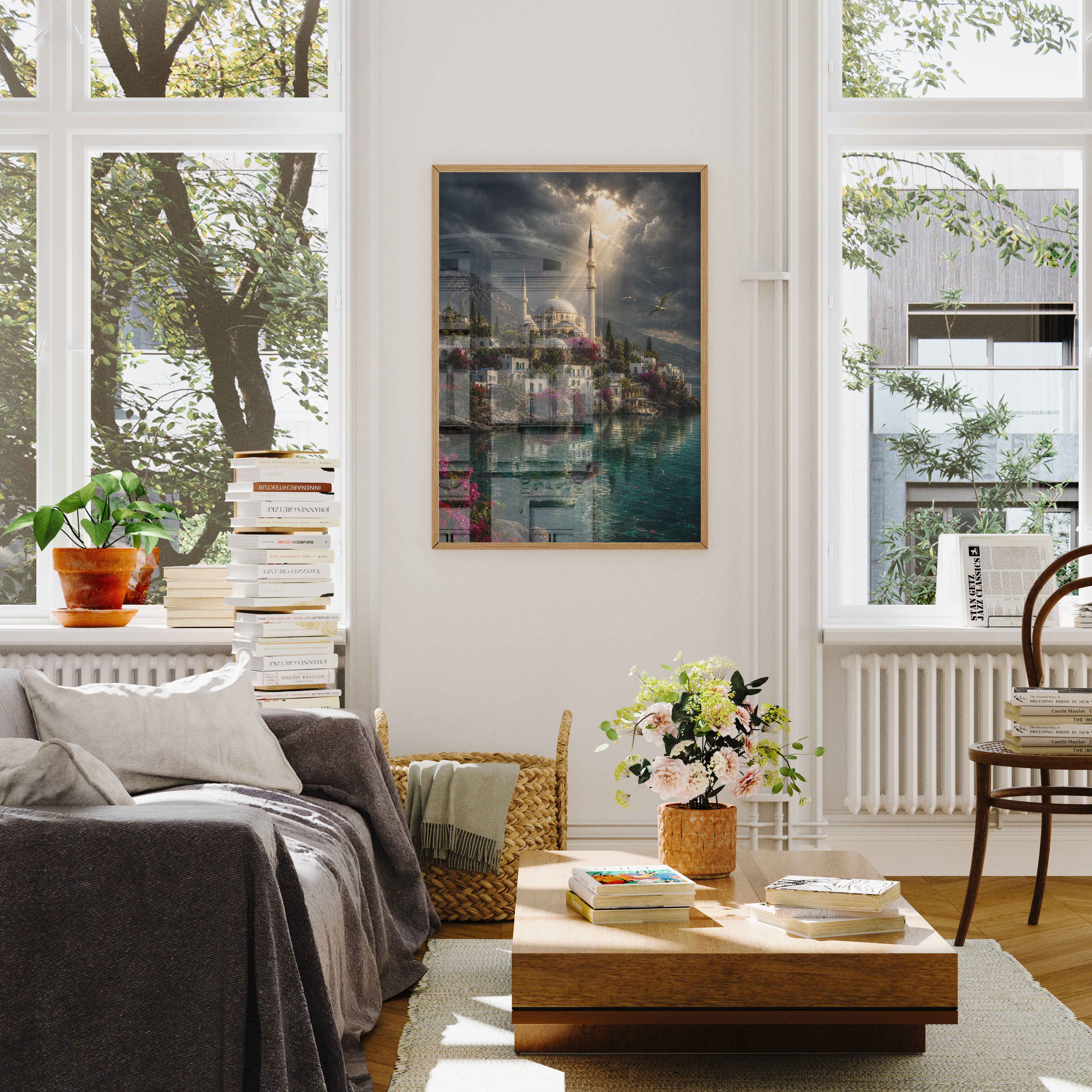 Bodrum Stormlight Mosque Harbor poster wall art mockup by Seji Art