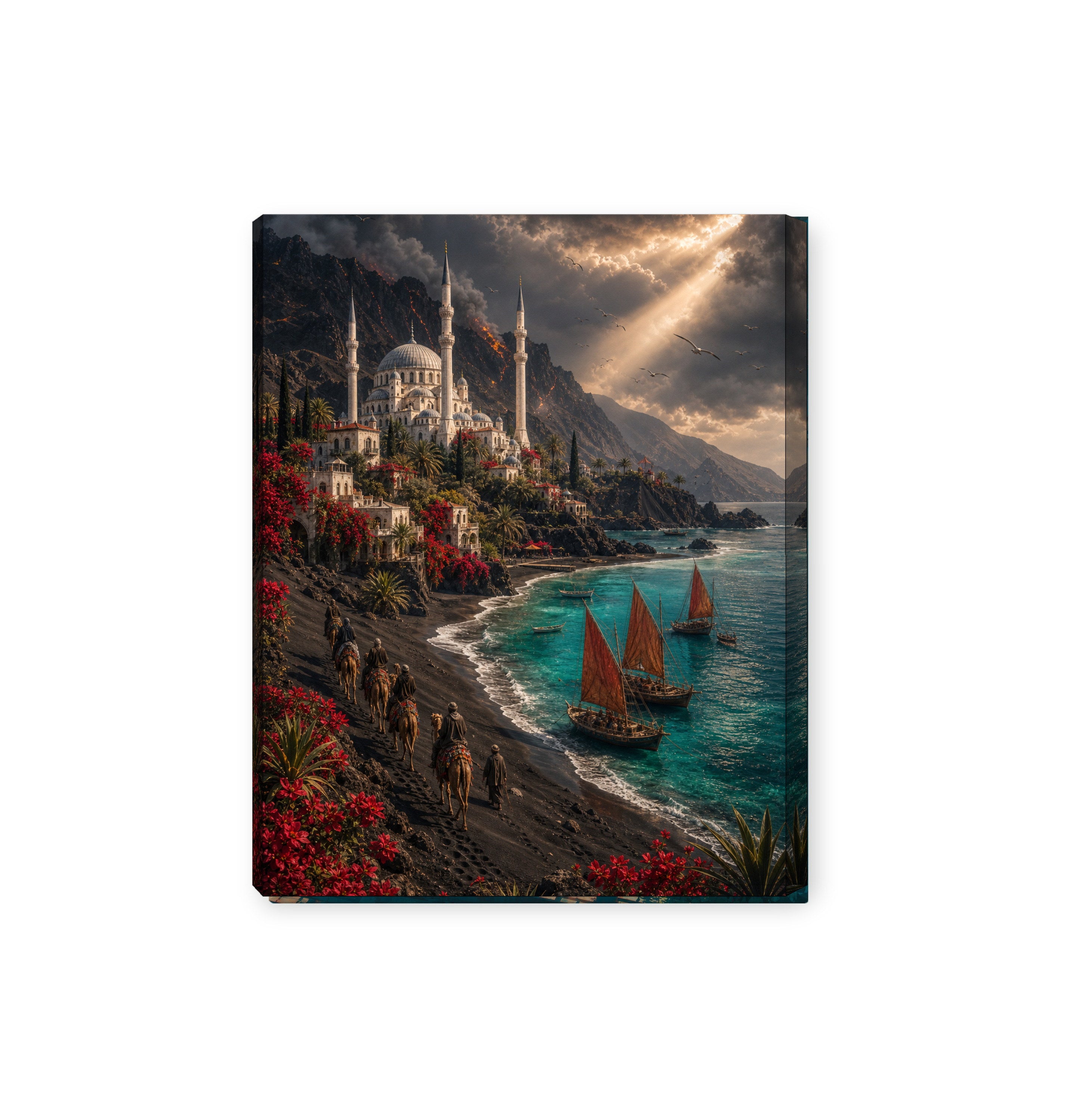 Bodrum Stormlit Red Sail Harbor canvas wall art preview by Seji Art